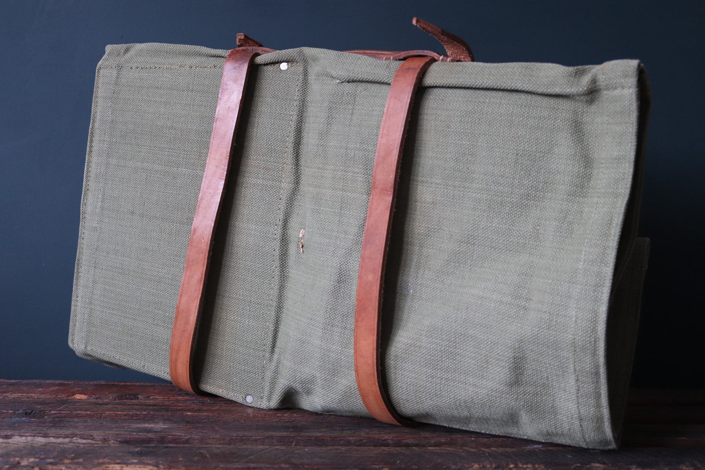 Vintage 1960s 60s leather khaki green cotton canvas European Swiss military army tool roll bag satchel utility field equipment