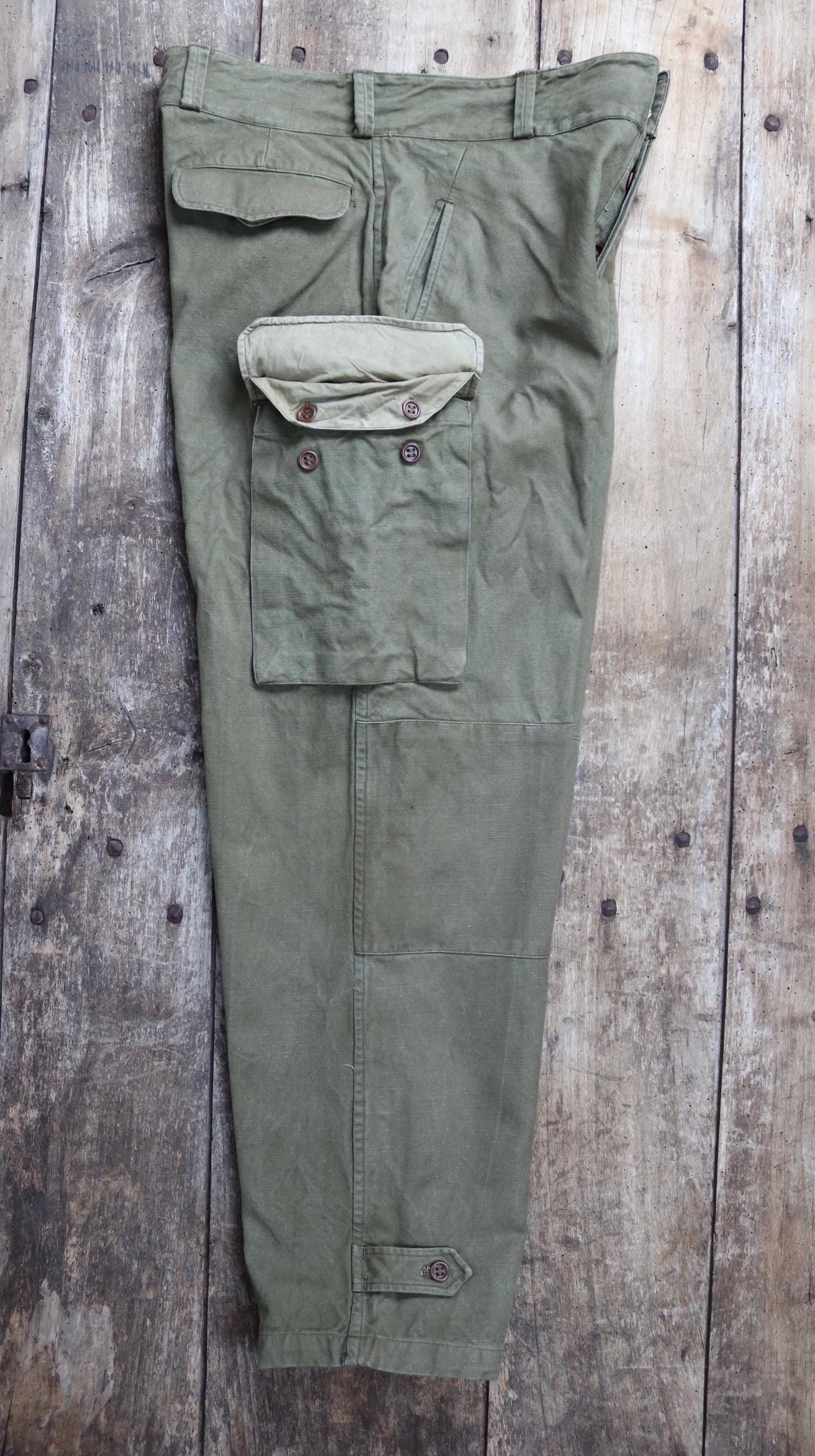 Vintage 1940s 40s 1950s 50s M47 M-47 French khaki green cotton overalls cargo trousers pants army military 35” x 30” workwear work chore