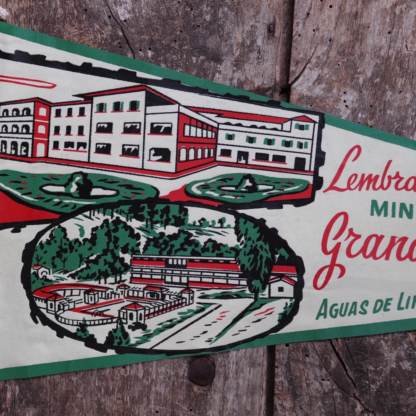 Vintage 1950s home decor Brazilian Santos satin mid century tourist souvenir pennant screen printed print