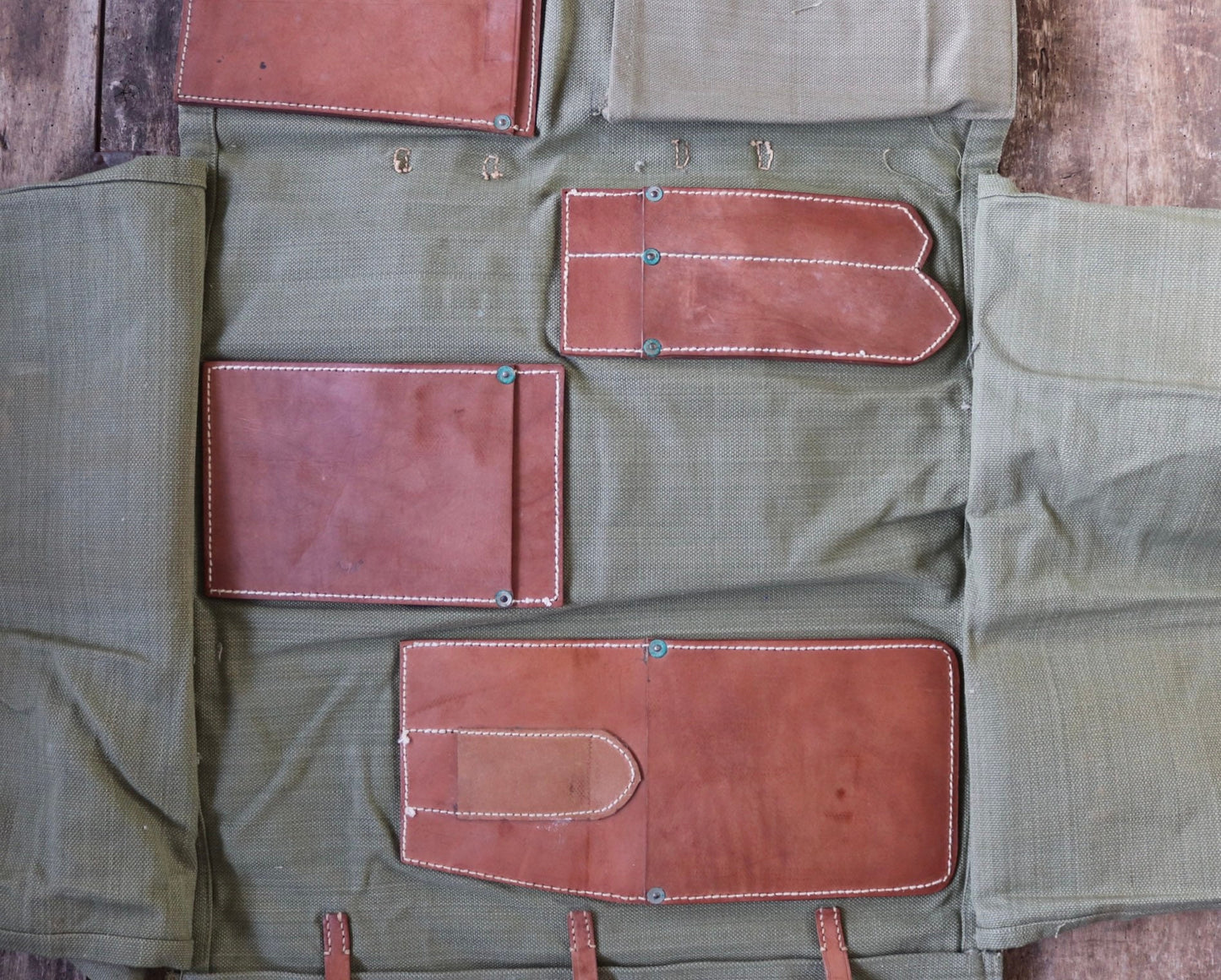 Vintage 1960s 60s leather khaki green cotton canvas European Swiss military army tool roll bag satchel utility field equipment