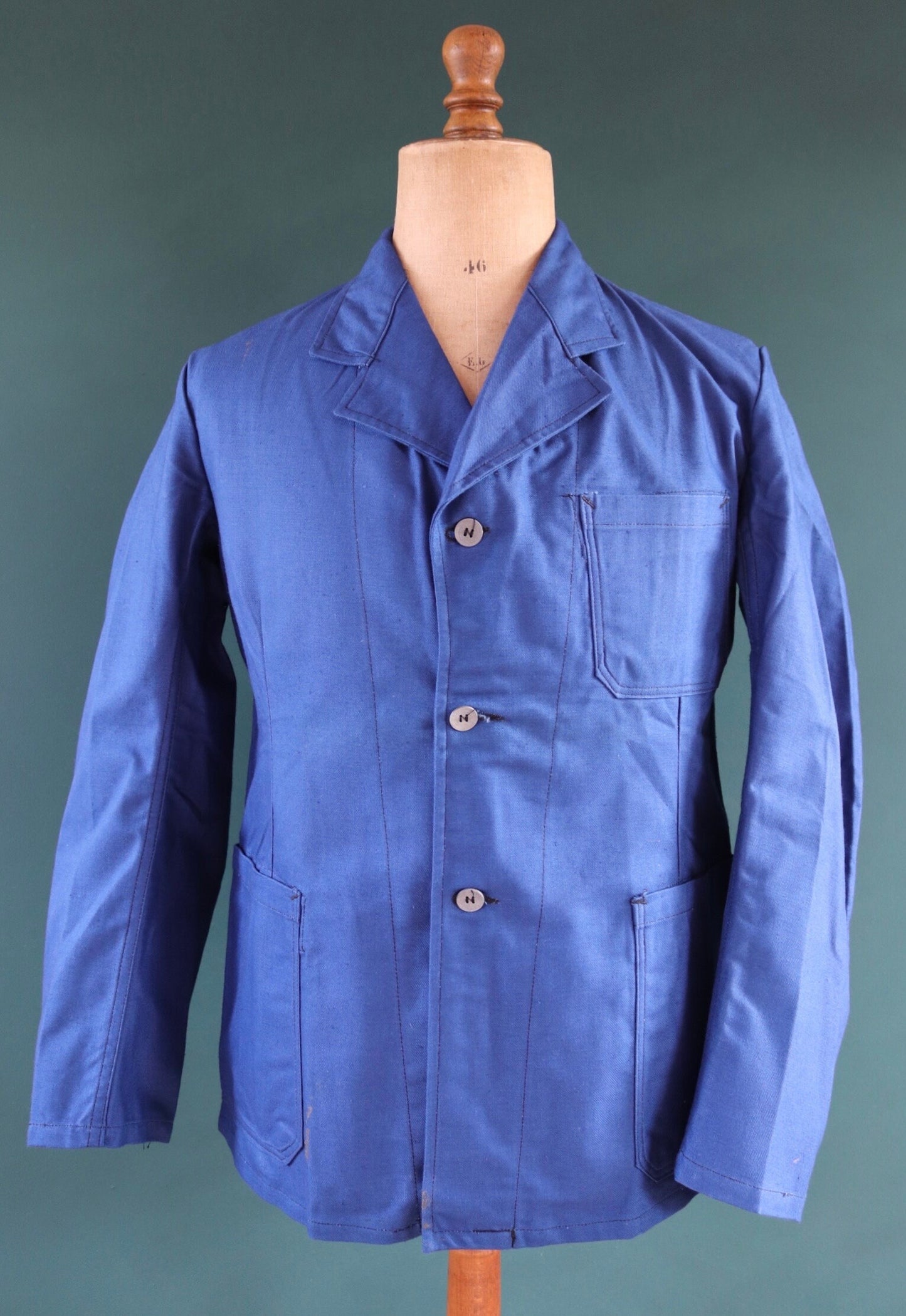 Vintage 1940s 40s WW2 era deadstock Swedish military hospital indigo blue cotton twill workwear work chore jacket 42” chest