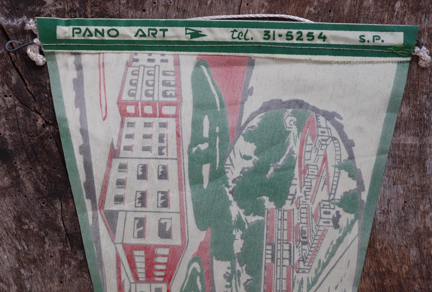 Vintage 1950s home decor Brazilian Santos satin mid century tourist souvenir pennant screen printed print