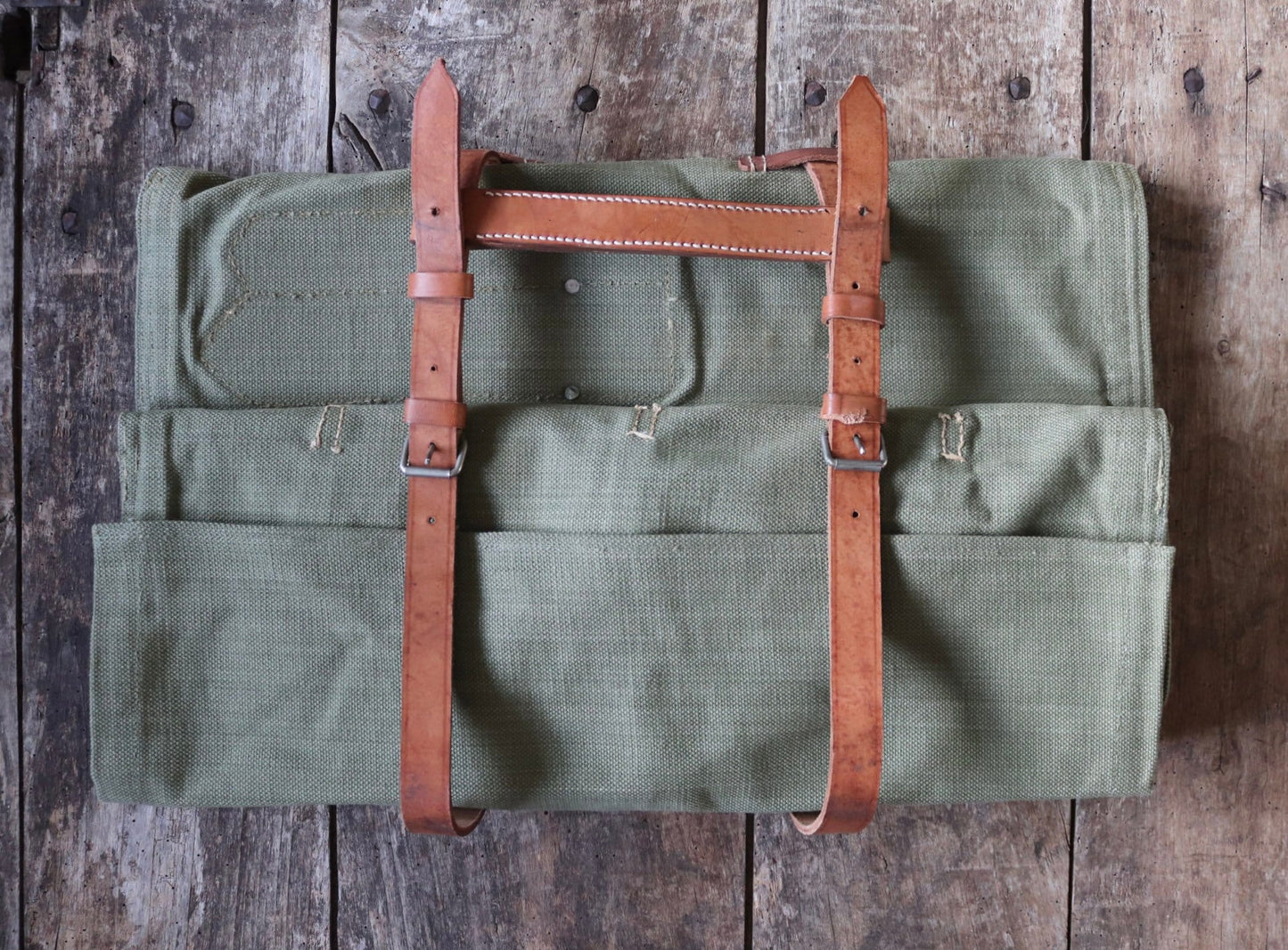 Vintage 1960s 60s leather khaki green cotton canvas European Swiss military army tool roll bag satchel utility field equipment