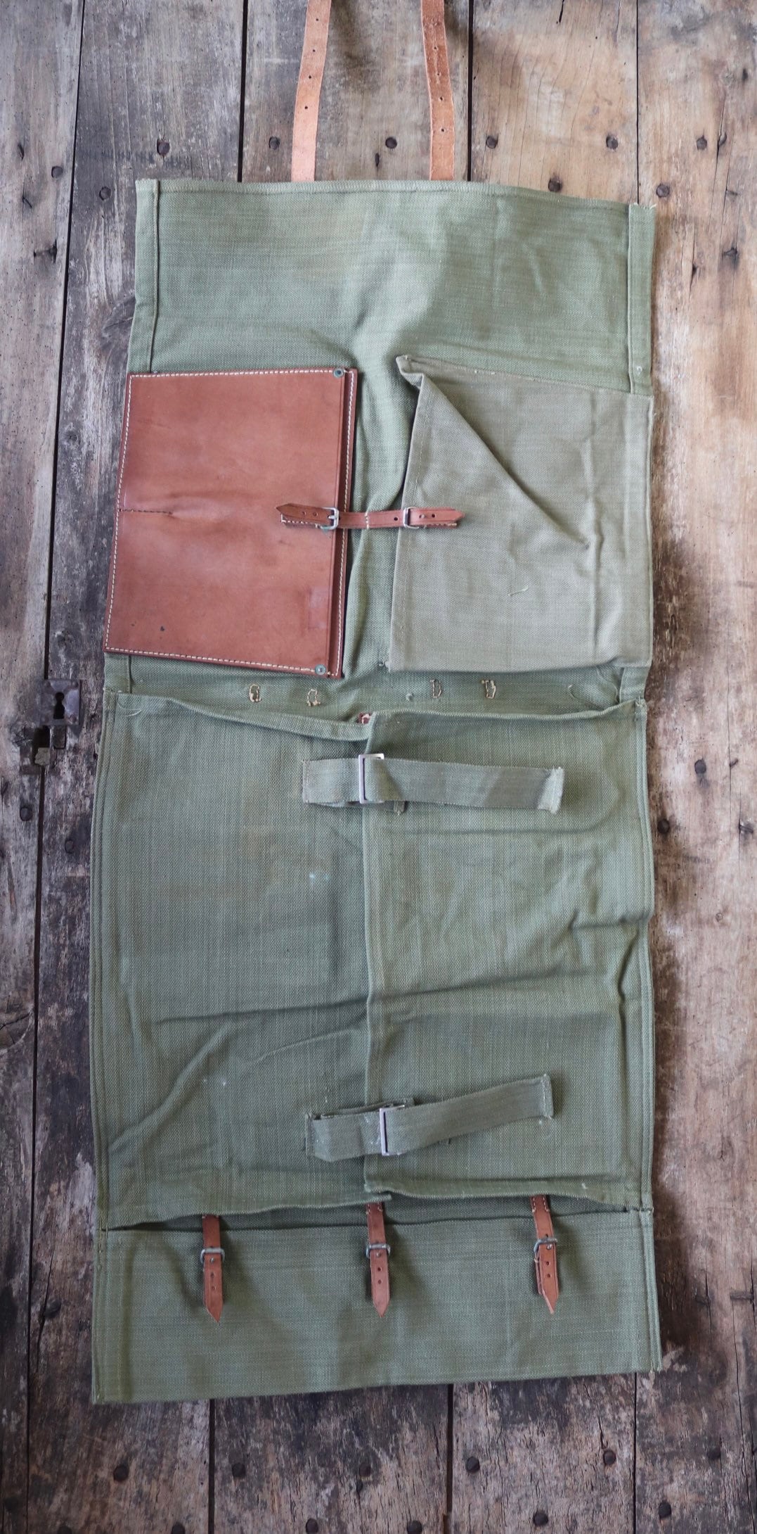 Vintage 1960s 60s leather khaki green cotton canvas European Swiss military army tool roll bag satchel utility field equipment