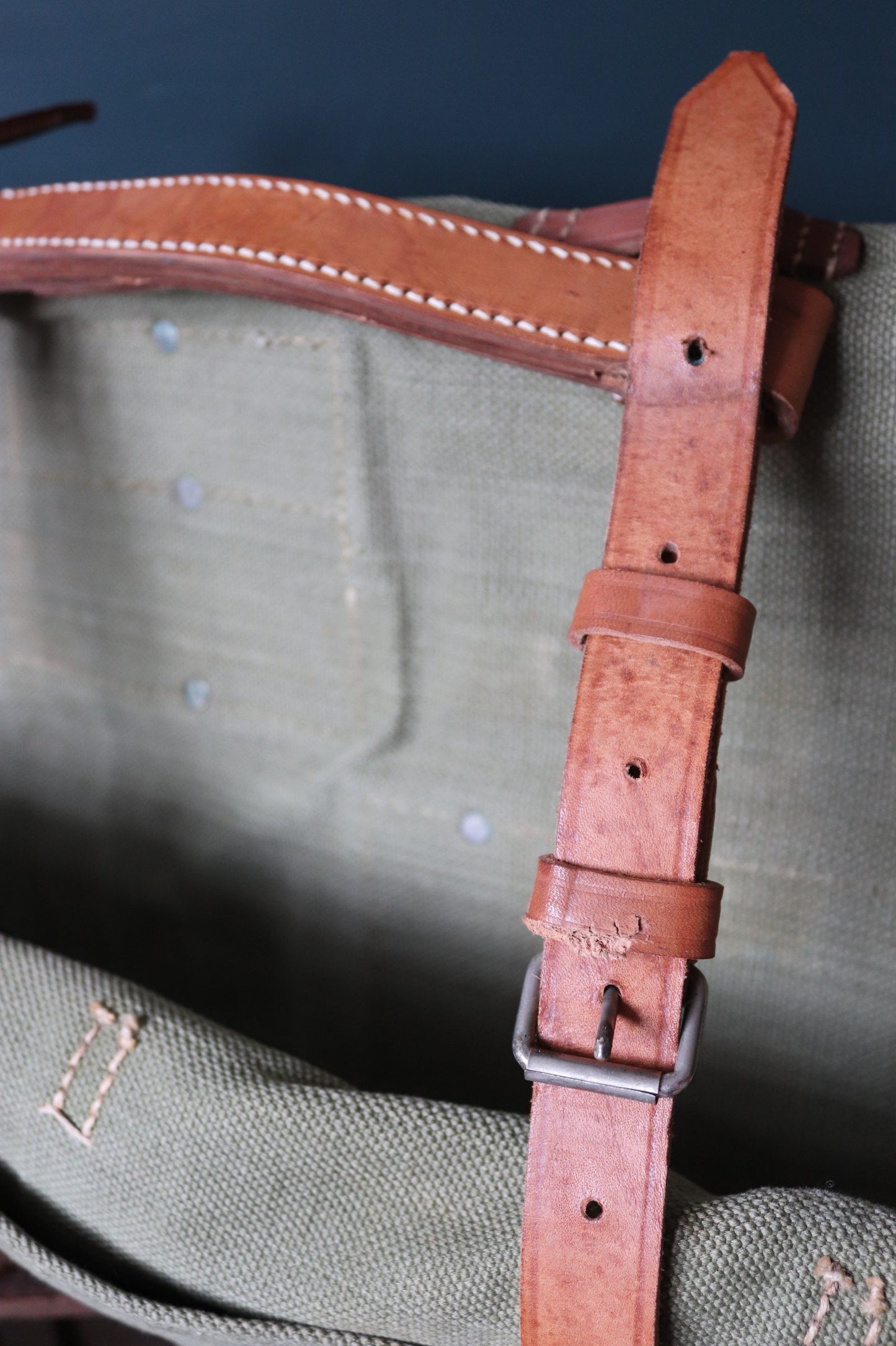 Vintage 1960s 60s leather khaki green cotton canvas European Swiss military army tool roll bag satchel utility field equipment