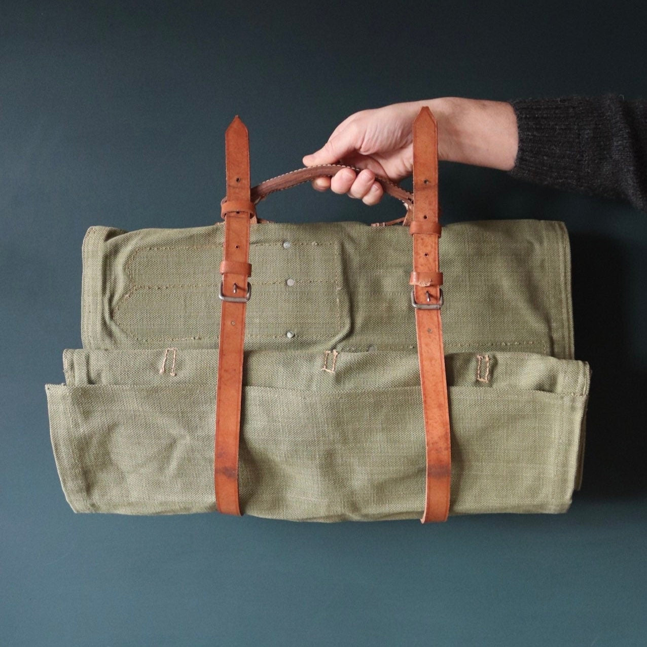 Vintage 1960s 60s leather khaki green cotton canvas European Swiss military army tool roll bag satchel utility field equipment