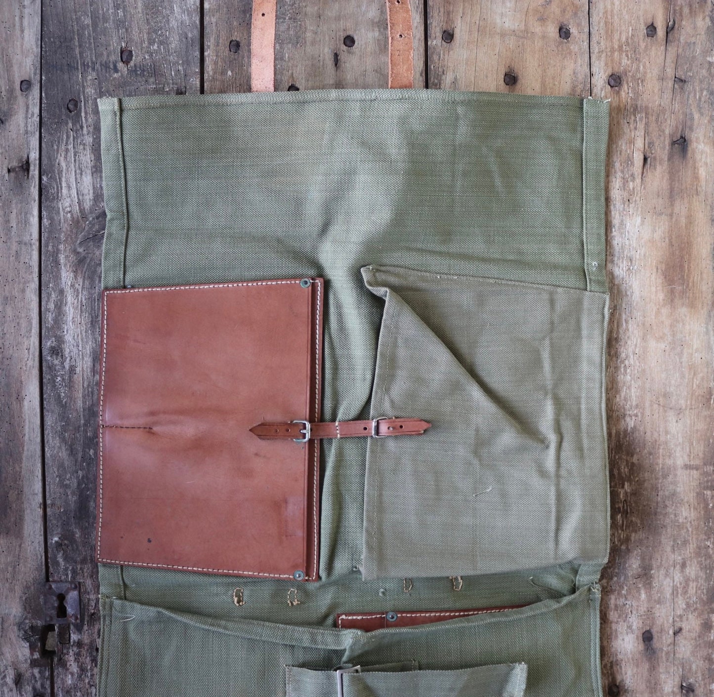 Vintage 1960s 60s leather khaki green cotton canvas European Swiss military army tool roll bag satchel utility field equipment