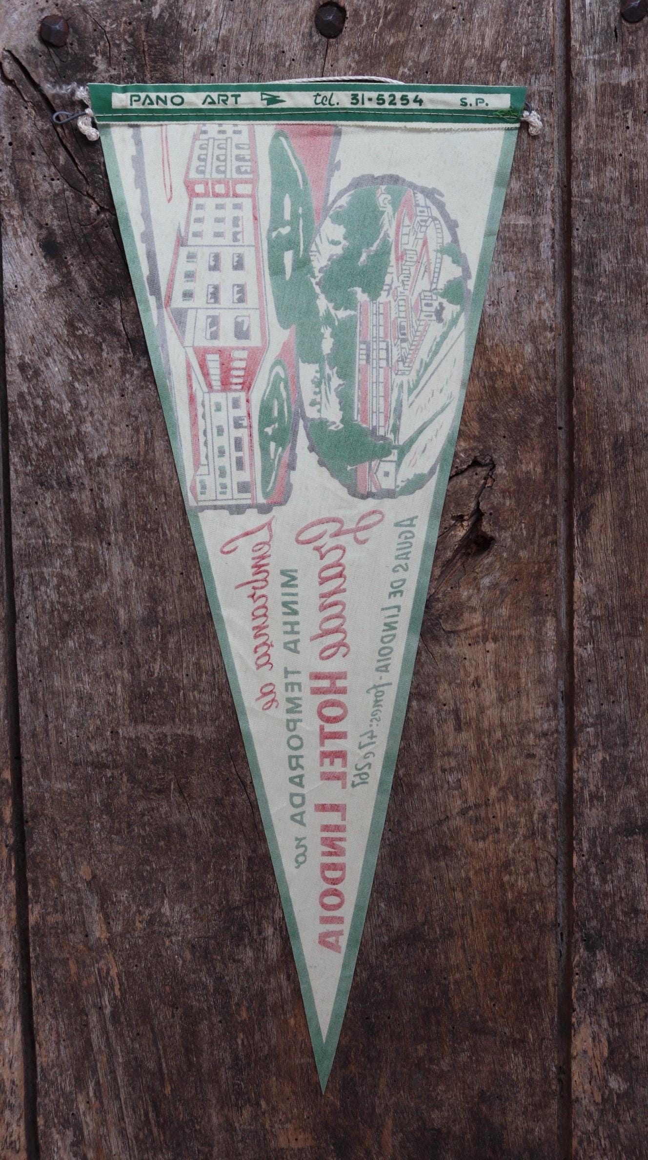 Vintage 1950s home decor Brazilian Santos satin mid century tourist souvenir pennant screen printed print