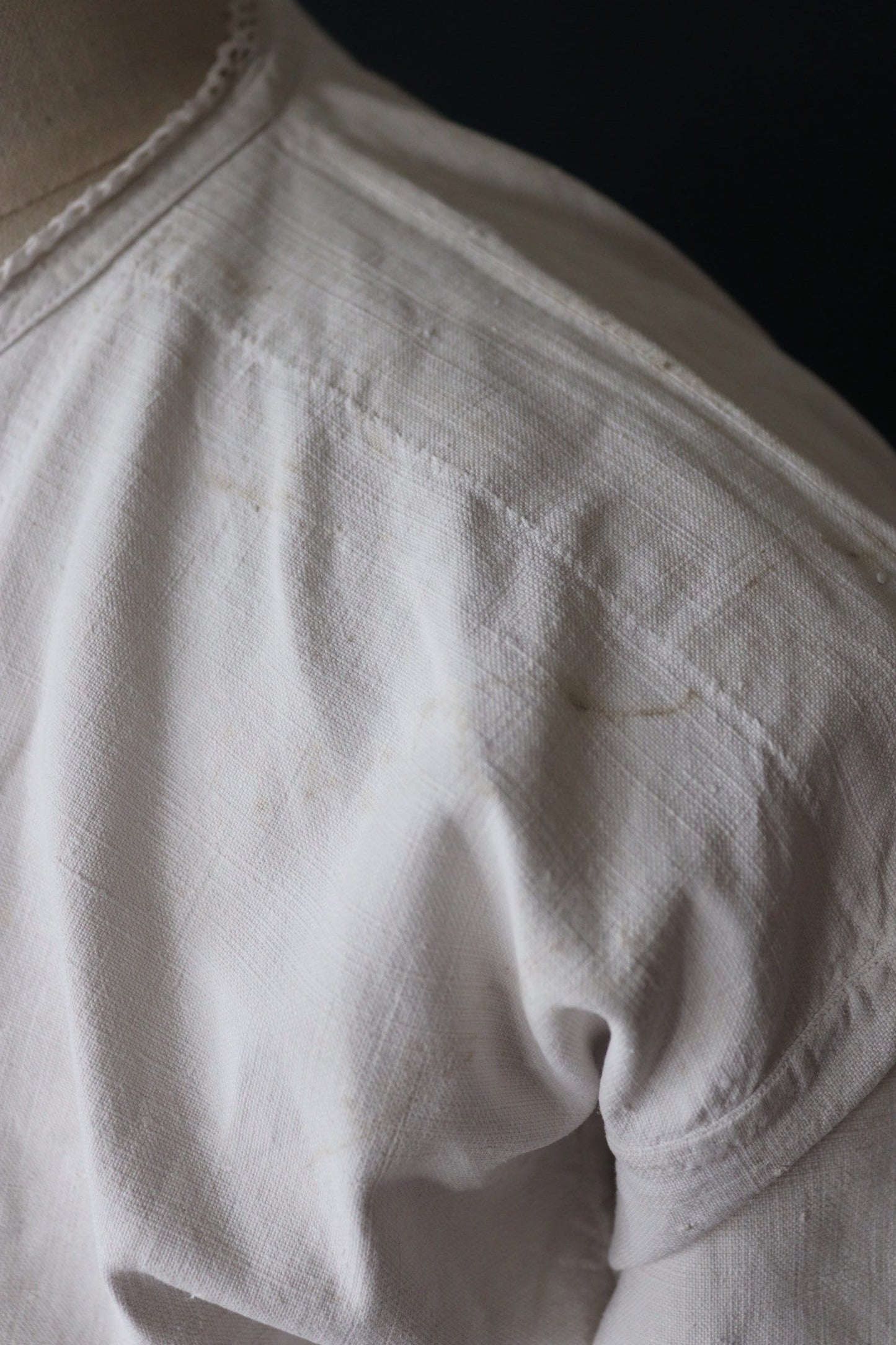 Vintage antique french white linen nightgown night shirt pin tuck pleats size free 43” chest indigo dye project