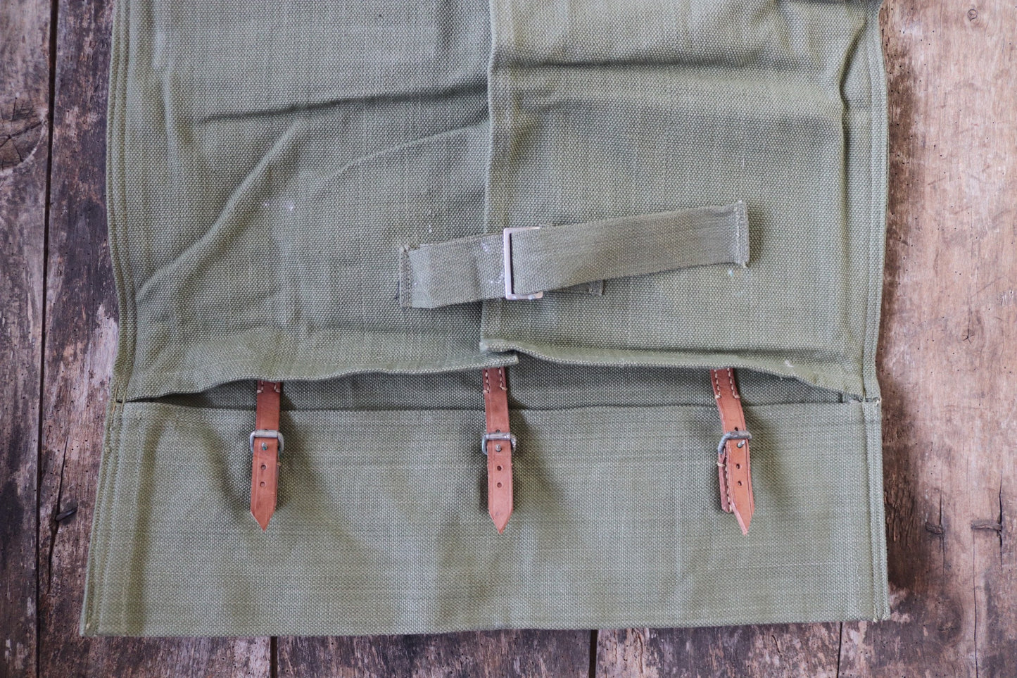 Vintage 1960s 60s leather khaki green cotton canvas European Swiss military army tool roll bag satchel utility field equipment