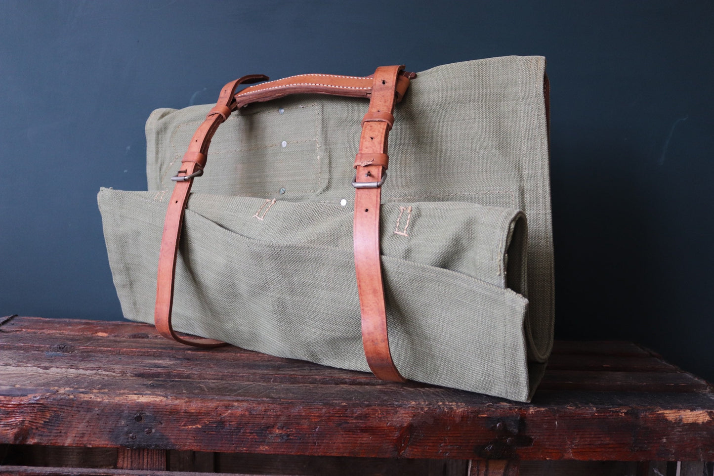 Vintage 1960s 60s leather khaki green cotton canvas European Swiss military army tool roll bag satchel utility field equipment