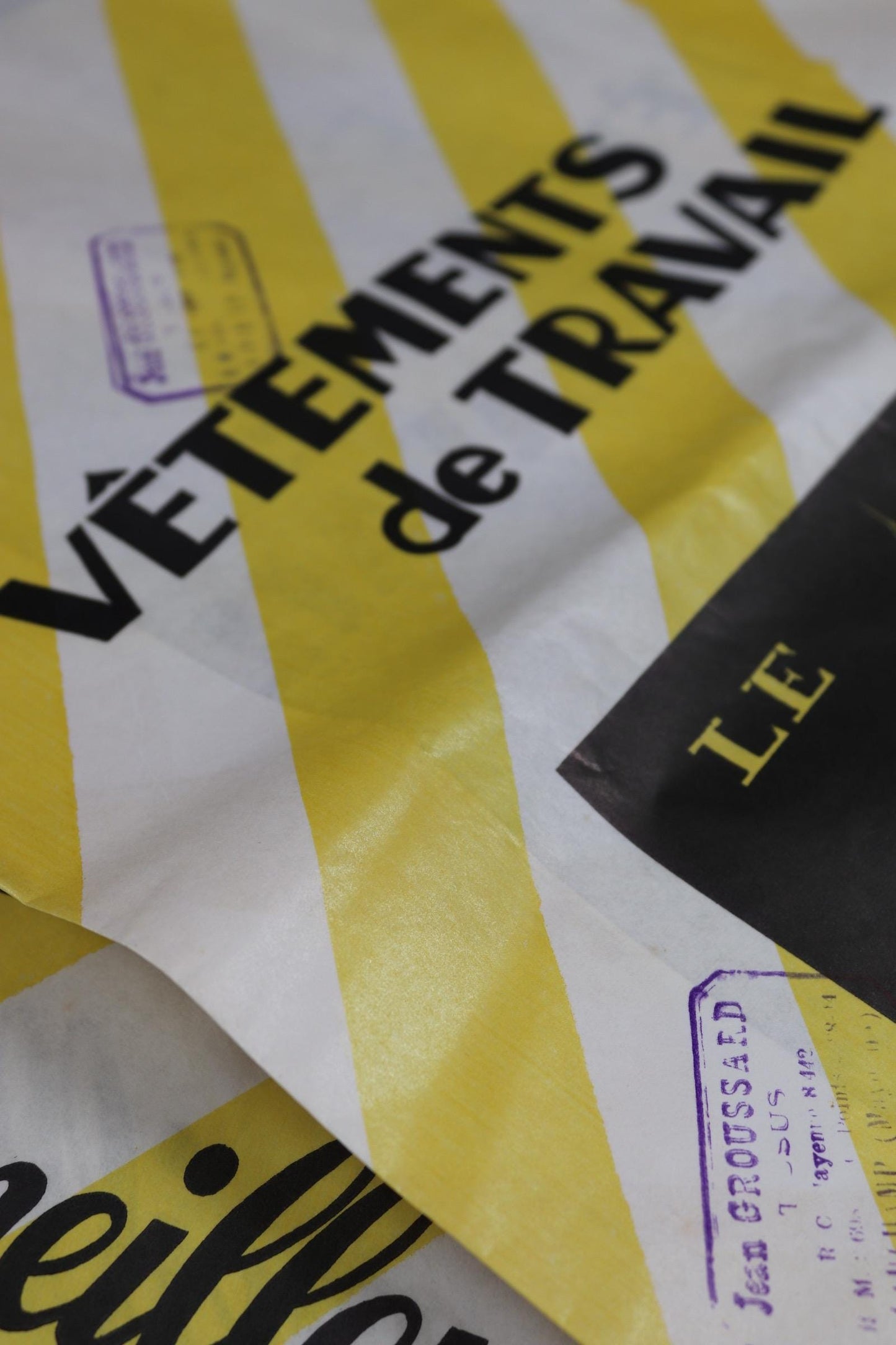 Vintage 1950s French workwear advertising - deadstock paper bag - Le Mont St Michel print art - yellow white stripe - for display