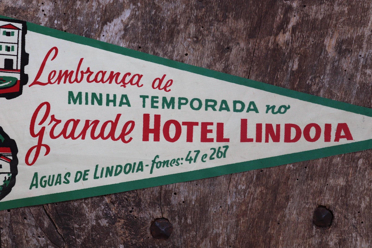 Vintage 1950s home decor Brazilian Santos satin mid century tourist souvenir pennant screen printed print