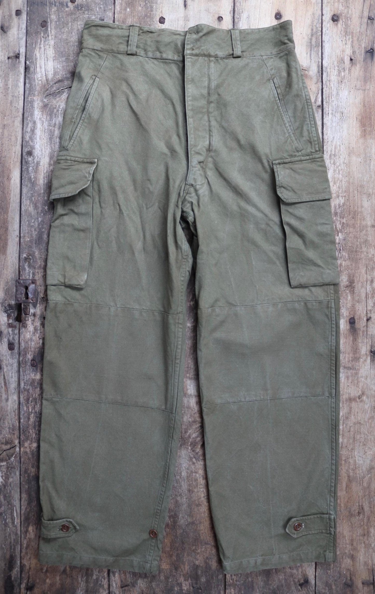 Vintage 1940s 40s 1950s 50s M47 M-47 French khaki green cotton overalls cargo trousers pants army military 35” x 30” workwear work chore