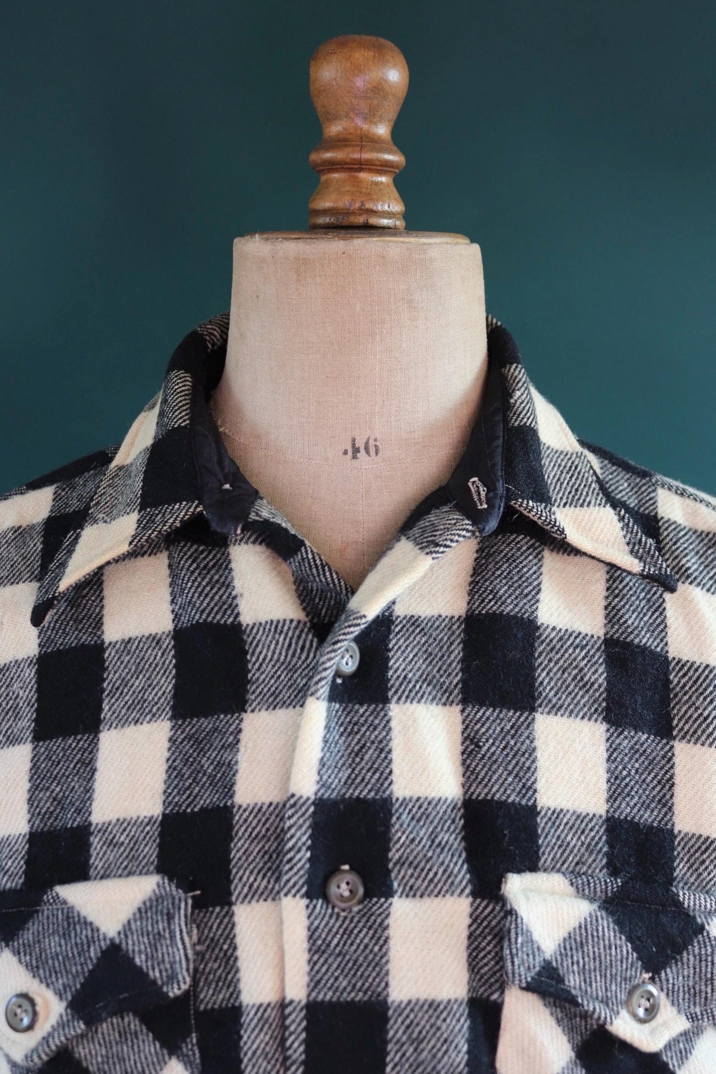 Vintage 1940s 40s 1950s 50s Field Master white black wool buffalo plaid CPO shirt jacket hunting camp 48” chest workwear work camping