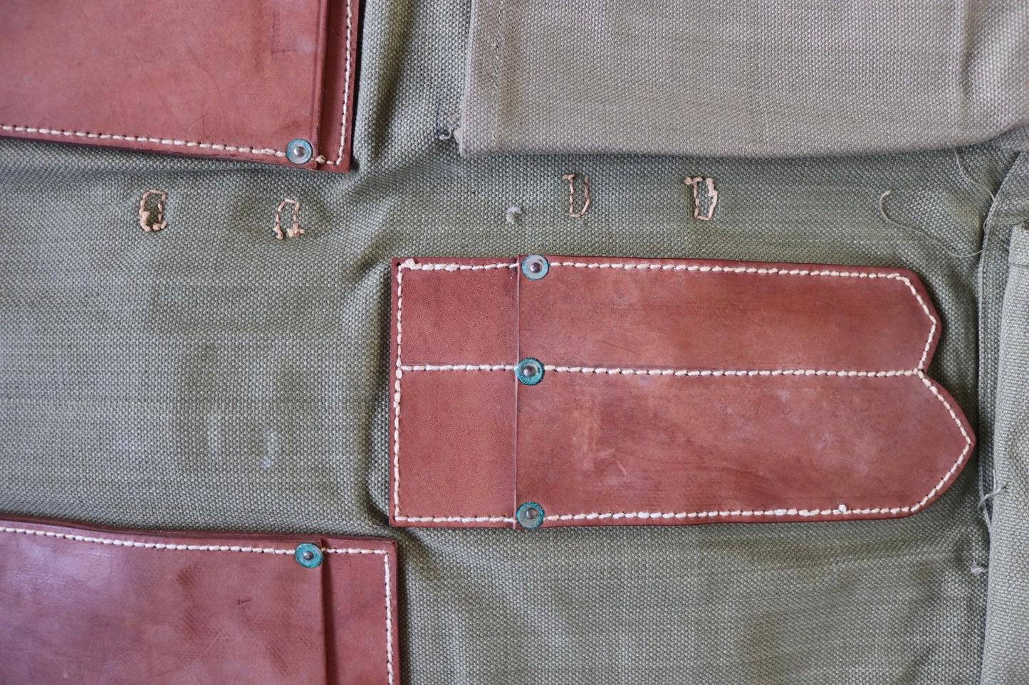 Vintage 1960s 60s leather khaki green cotton canvas European Swiss military army tool roll bag satchel utility field equipment