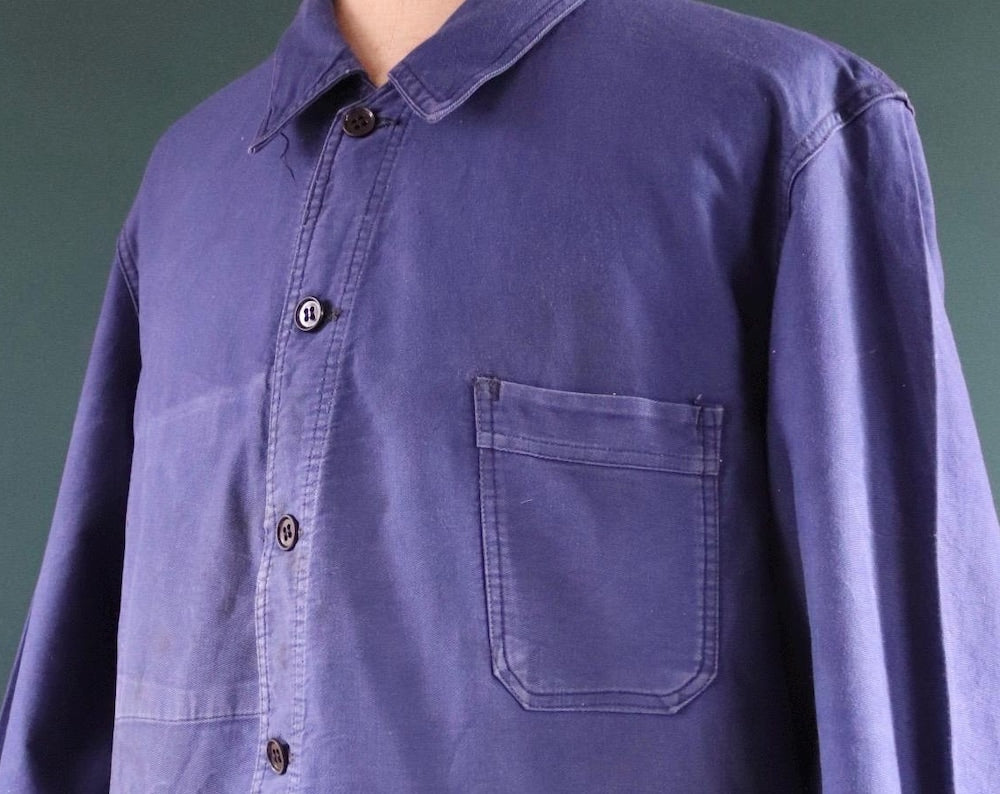 Vintage 1950s 50s French blue work jacket workwear chore 50” chest bleu de travail cotton twill