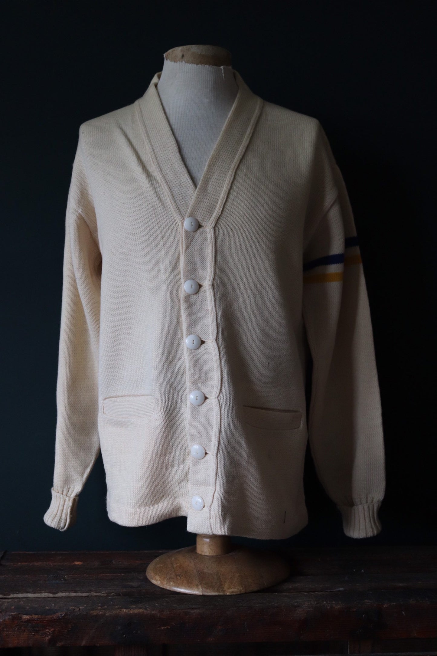 Vintage 1960s wool varsity sweater - American Ivy League - cream knitted cardigan - 44” chest