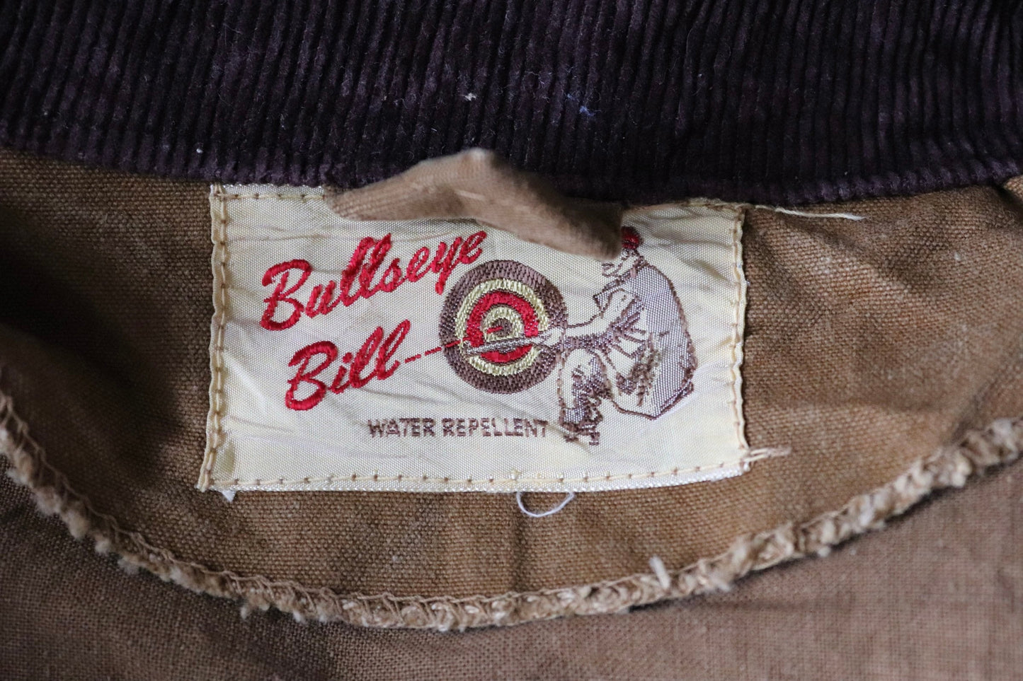 Vintage 1950s 50s Bullseye Bill tan brown duck cotton canvas jacket hunting shooting American Talon zipper 49” chest workwear chore work