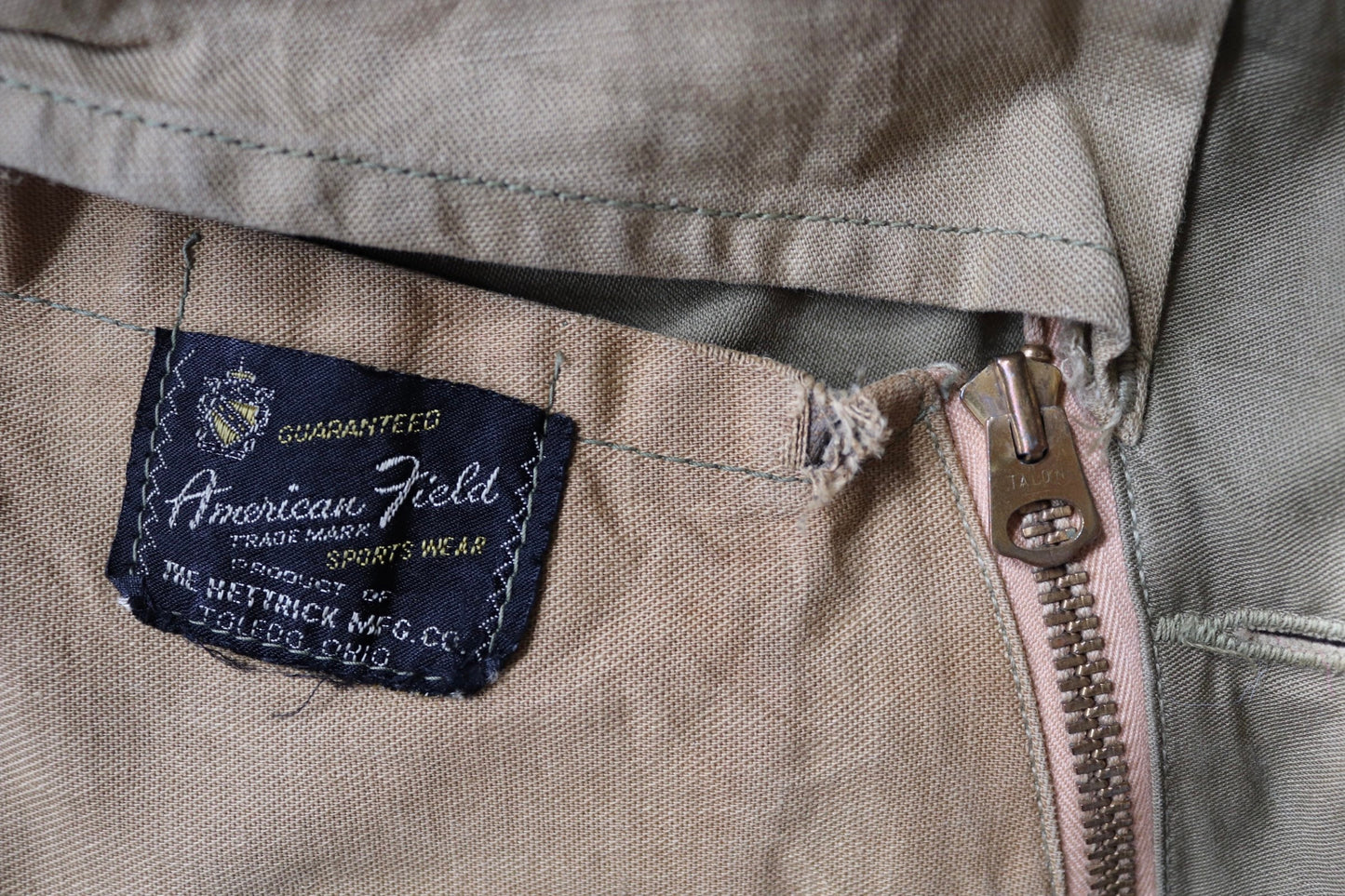Vintage 1950s 50s Hettrick green brown duck cotton canvas jacket hunting shooting American Talon zipper 52” chest workwear chore work