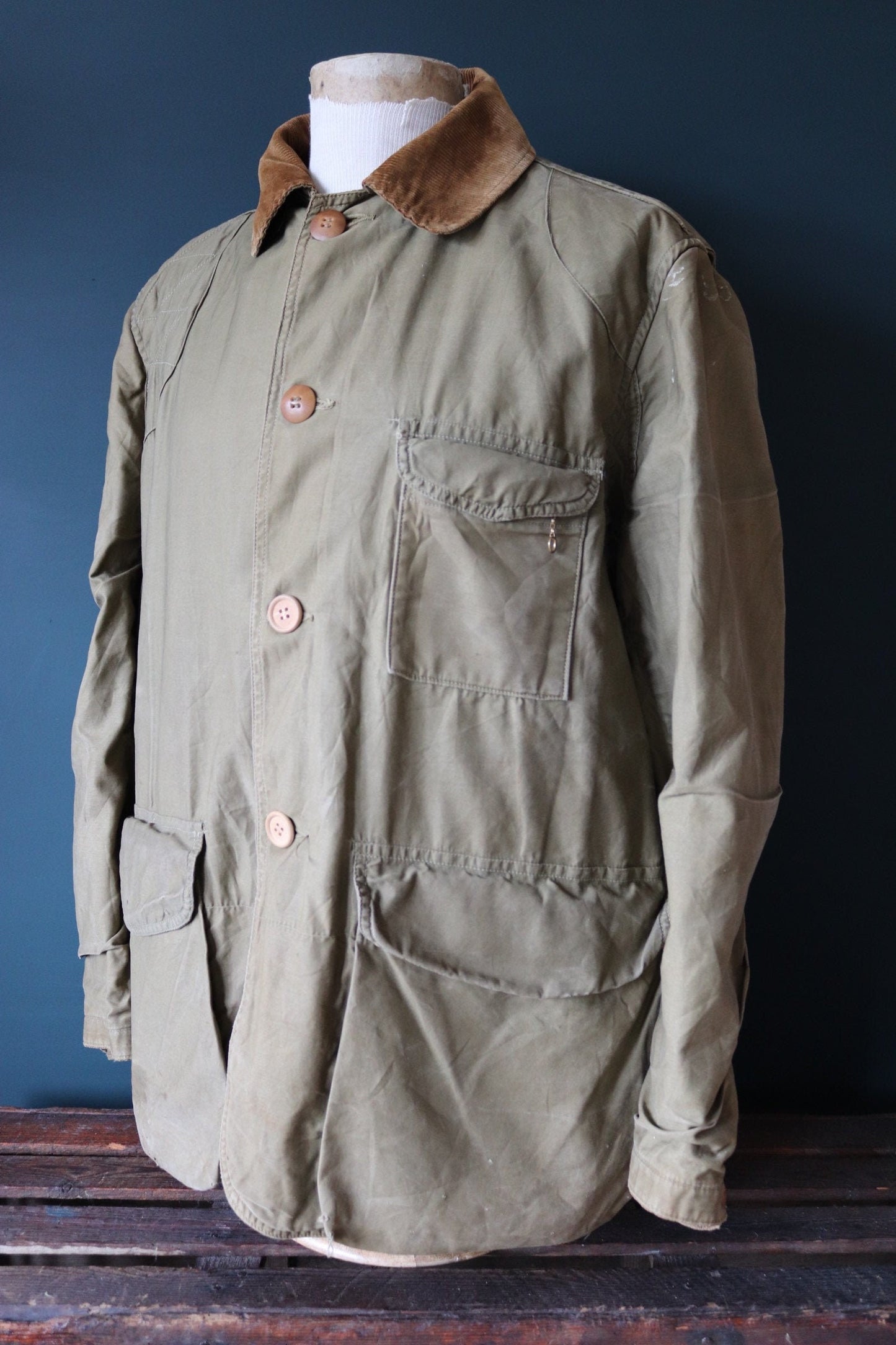 Vintage 1950s 50s Hettrick green brown duck cotton canvas jacket hunting shooting American Talon zipper 52” chest workwear chore work