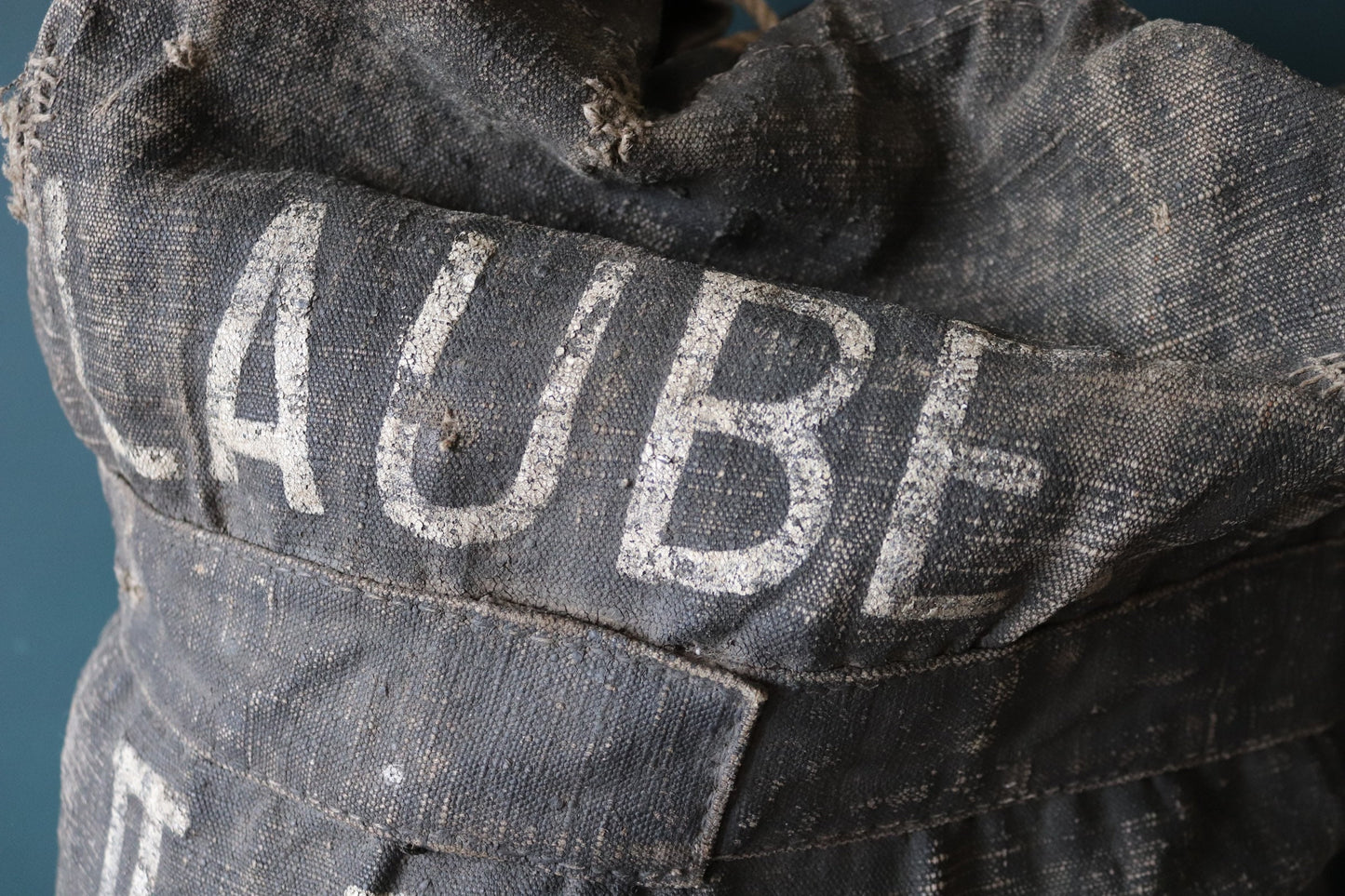 Vintage antique WW1 era 1900s 1910s French Marine Nationale navy naval tarred kit duffle bag Amiral Aube rucksack military sailor