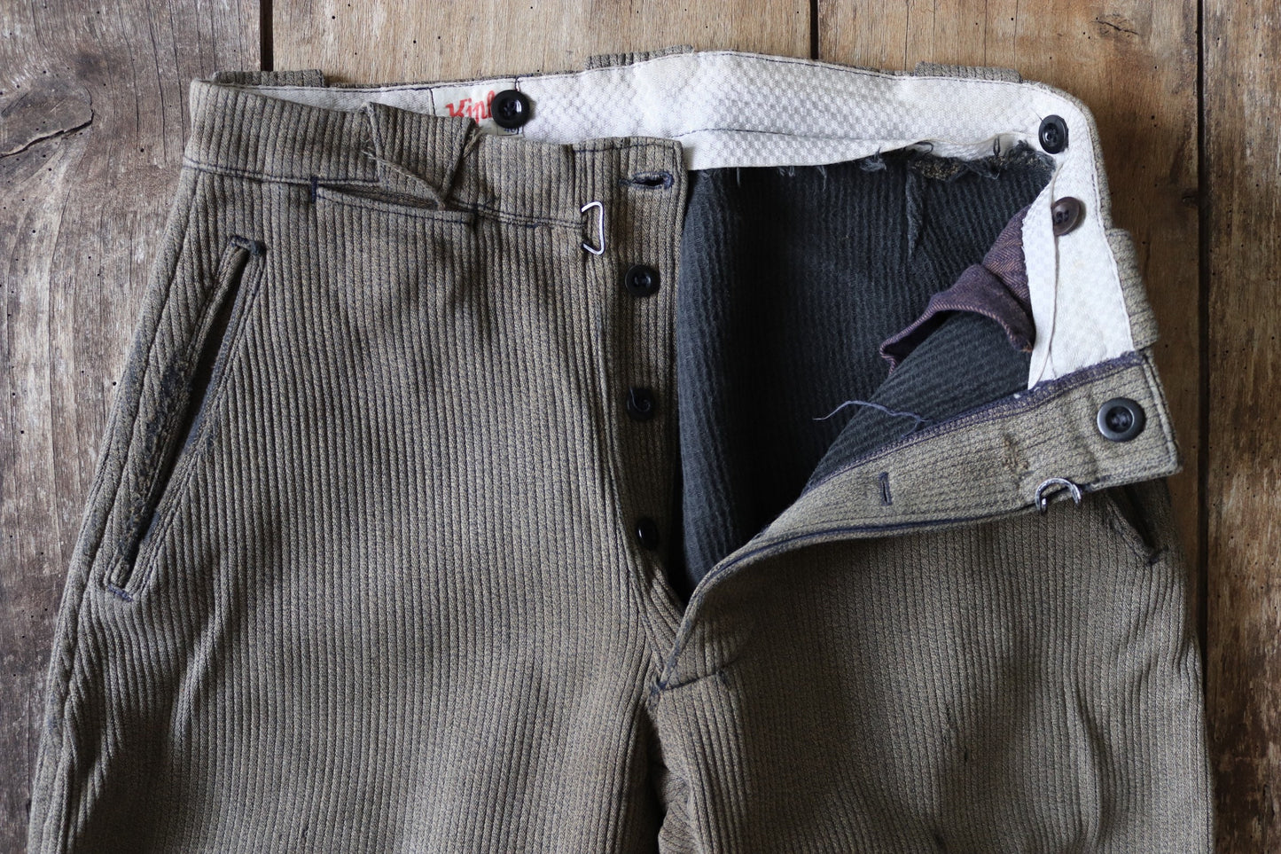 Vintage French workwear trousers 1950s brown pique coutil corduroy hunting riding breeches darned repaired 29” x 24.5” jodhpurs