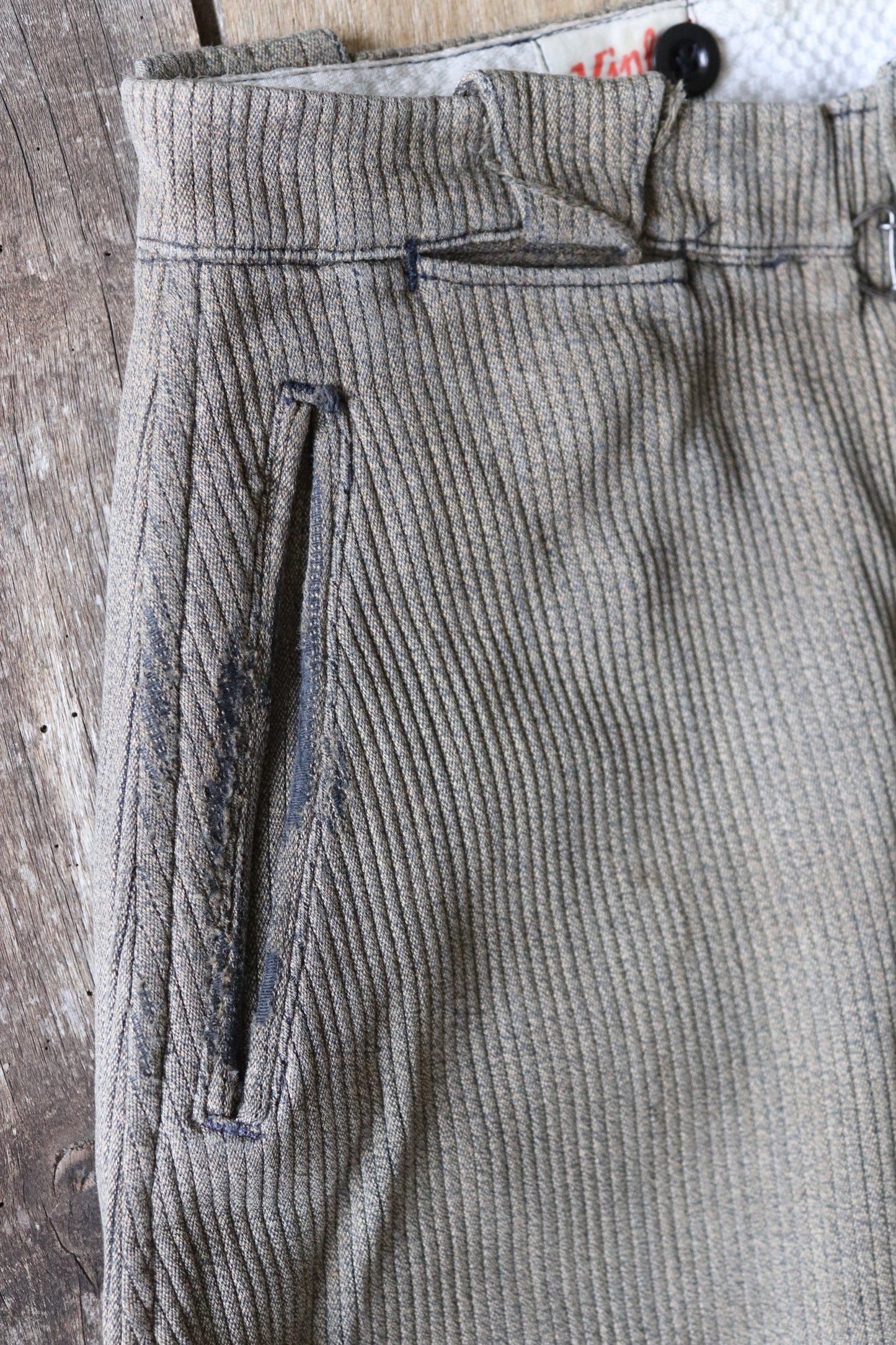 Vintage French workwear trousers 1950s brown pique coutil corduroy hunting riding breeches darned repaired 29” x 24.5” jodhpurs