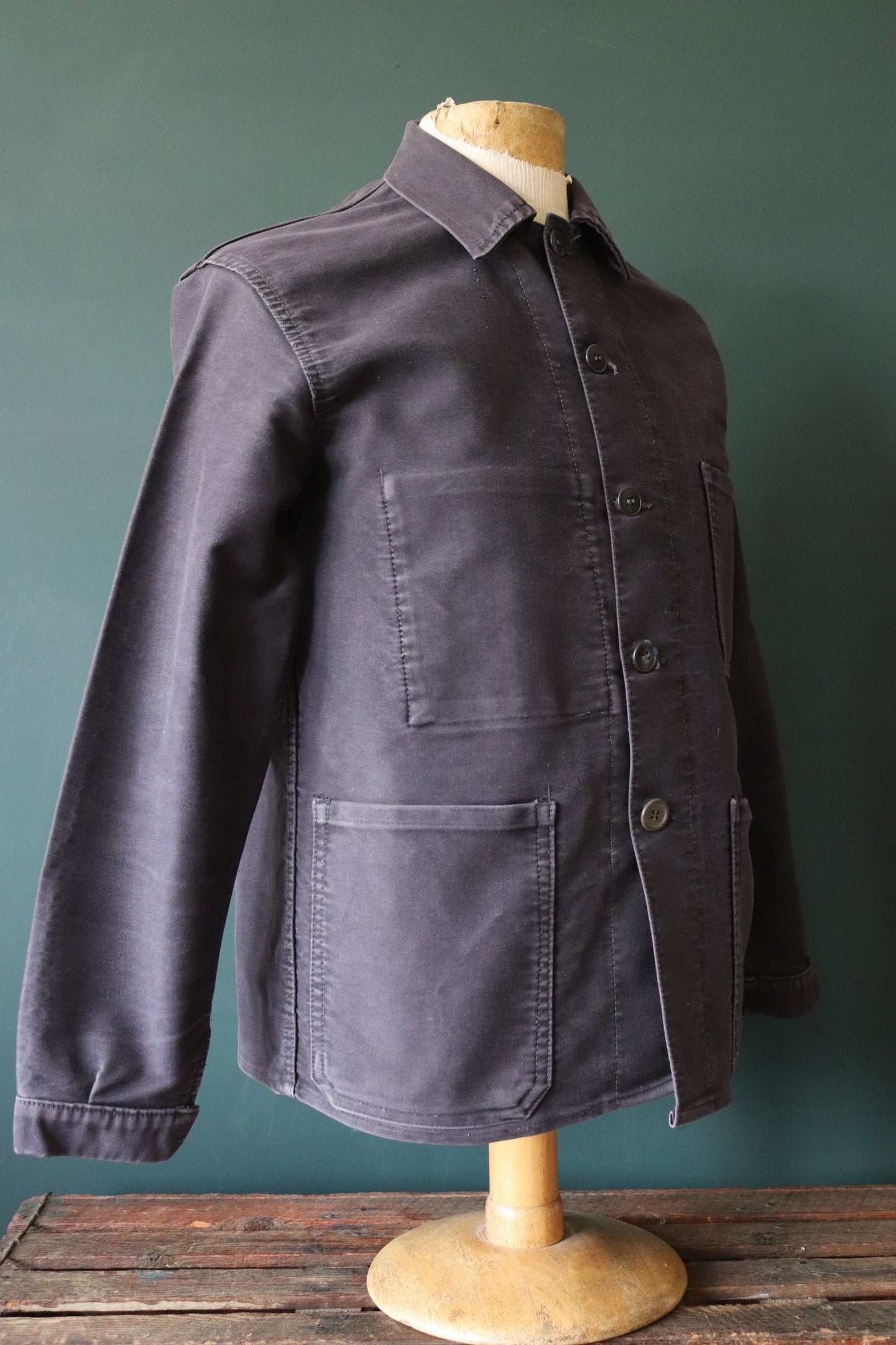 Vintage French workwear jacket black moleskin work chore faded 41” chest 1950s