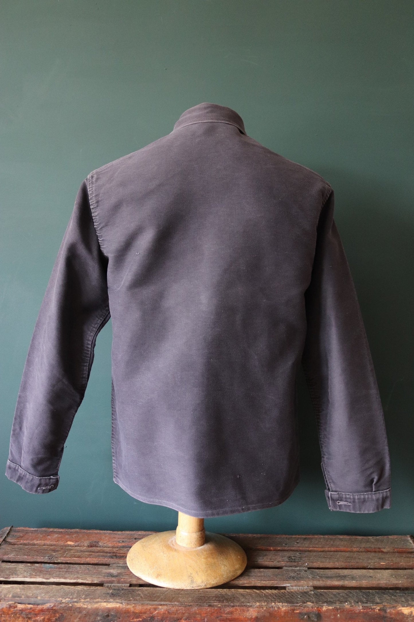 Vintage French workwear jacket black moleskin work chore faded 41” chest 1950s
