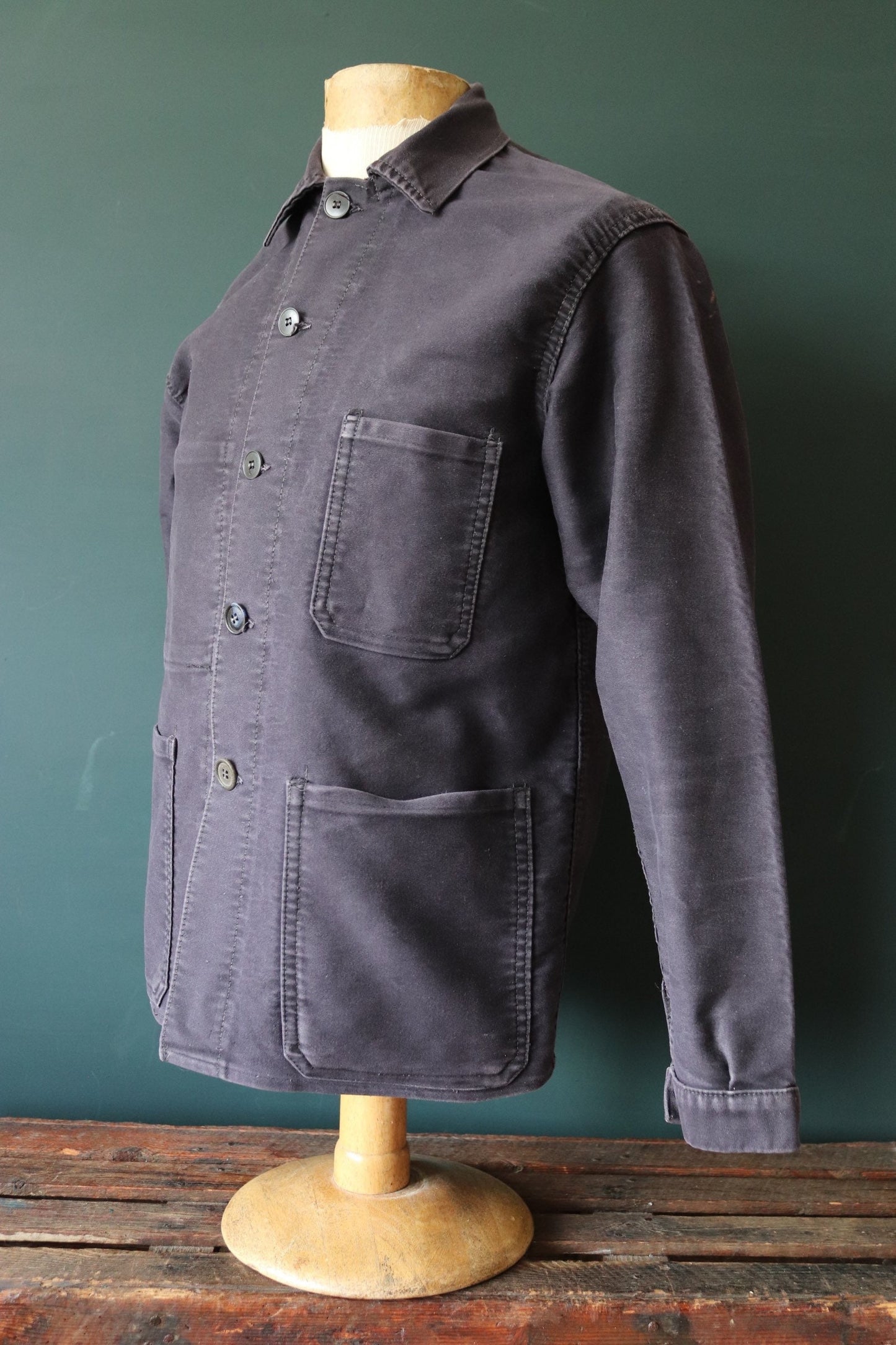 Vintage French workwear jacket black moleskin work chore faded 41” chest 1950s
