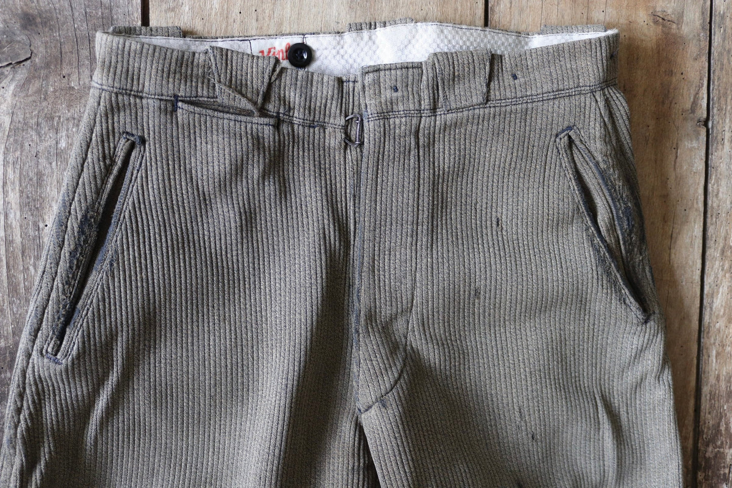 Vintage French workwear trousers 1950s brown pique coutil corduroy hunting riding breeches darned repaired 29” x 24.5” jodhpurs