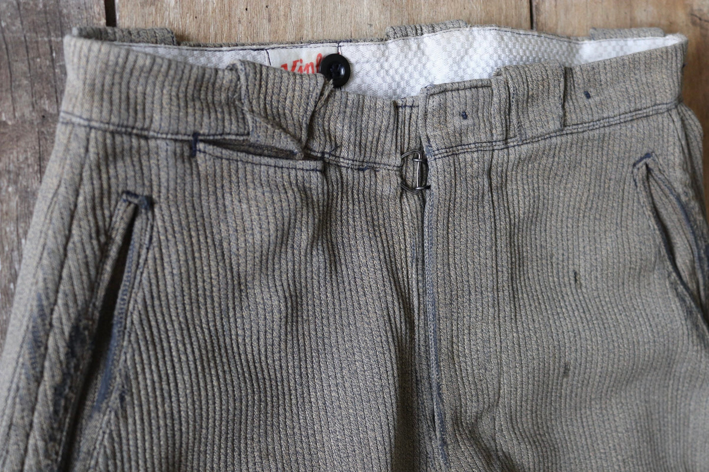 Vintage French workwear trousers 1950s brown pique coutil corduroy hunting riding breeches darned repaired 29” x 24.5” jodhpurs
