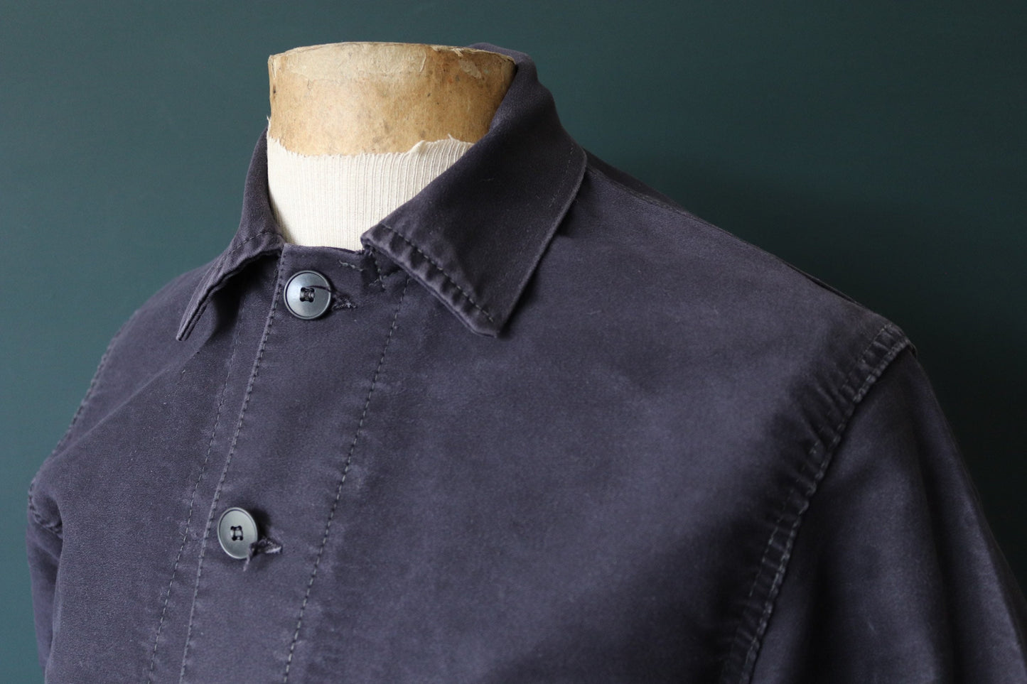 Vintage French workwear jacket black moleskin work chore faded 41” chest 1950s