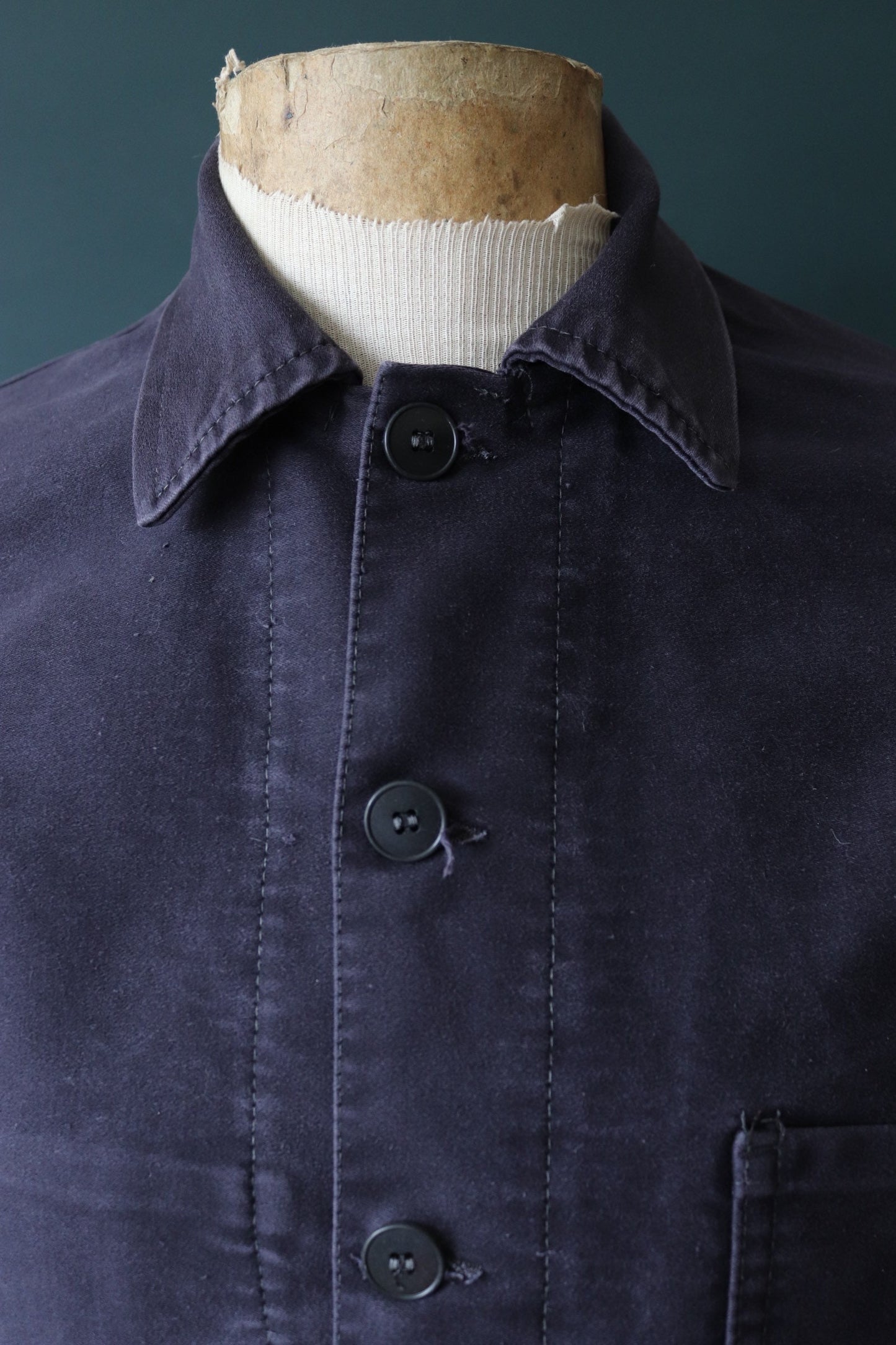 Vintage French workwear jacket black moleskin work chore faded 41” chest 1950s