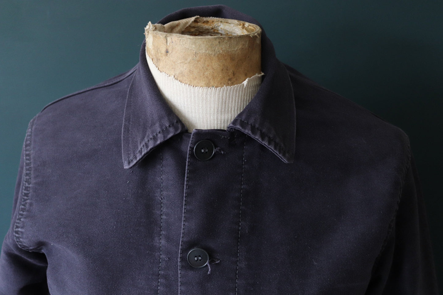 Vintage French workwear jacket black moleskin work chore faded 41” chest 1950s