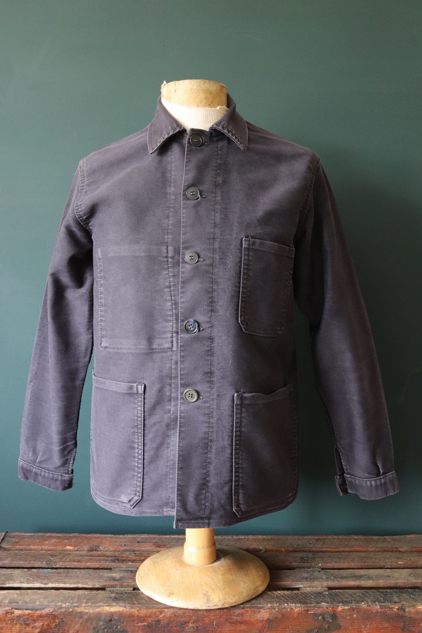 Vintage French workwear jacket black moleskin work chore faded 41” chest 1950s