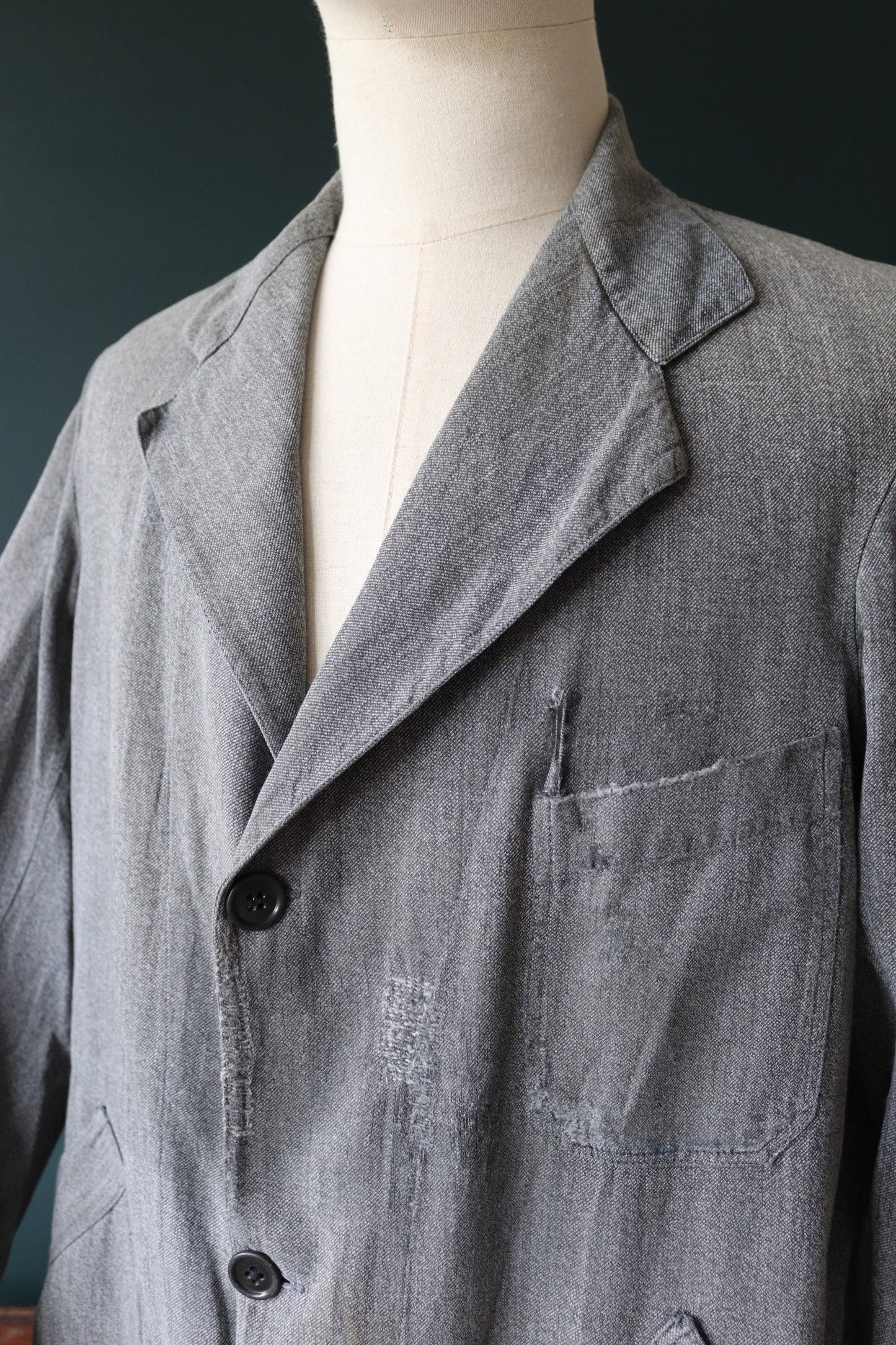 Vintage French workwear jacket 1950s salt pepper grey work coat overall factory machinist shopkeeper 44” chest