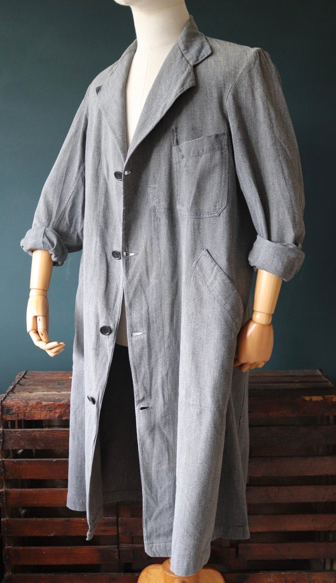 Vintage French workwear jacket 1950s salt pepper grey work coat overall factory machinist shopkeeper 44” chest
