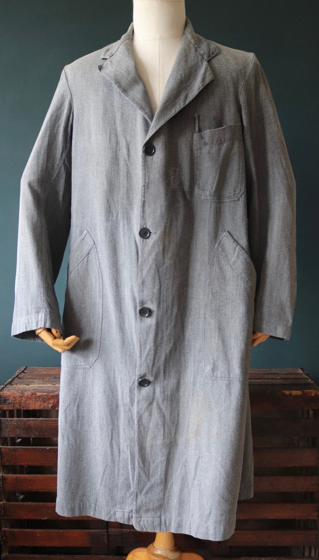 Vintage French workwear jacket 1950s salt pepper grey work coat overall factory machinist shopkeeper 44” chest