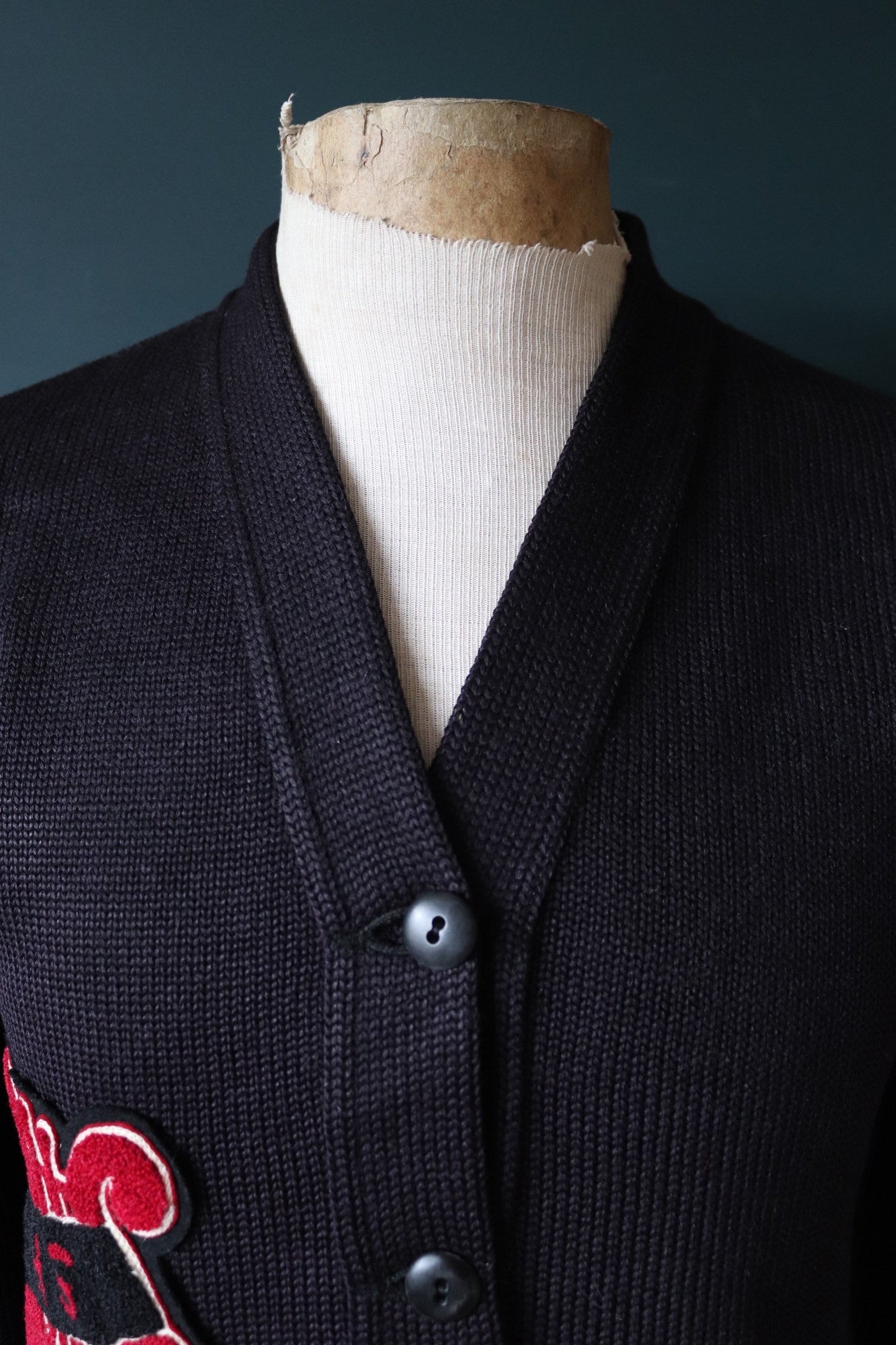 Vintage varsity sweater 1950s 50s American USA black wool knitted Ivy League style rockabilly mod patch jumper cardigan knitwear 38” chest