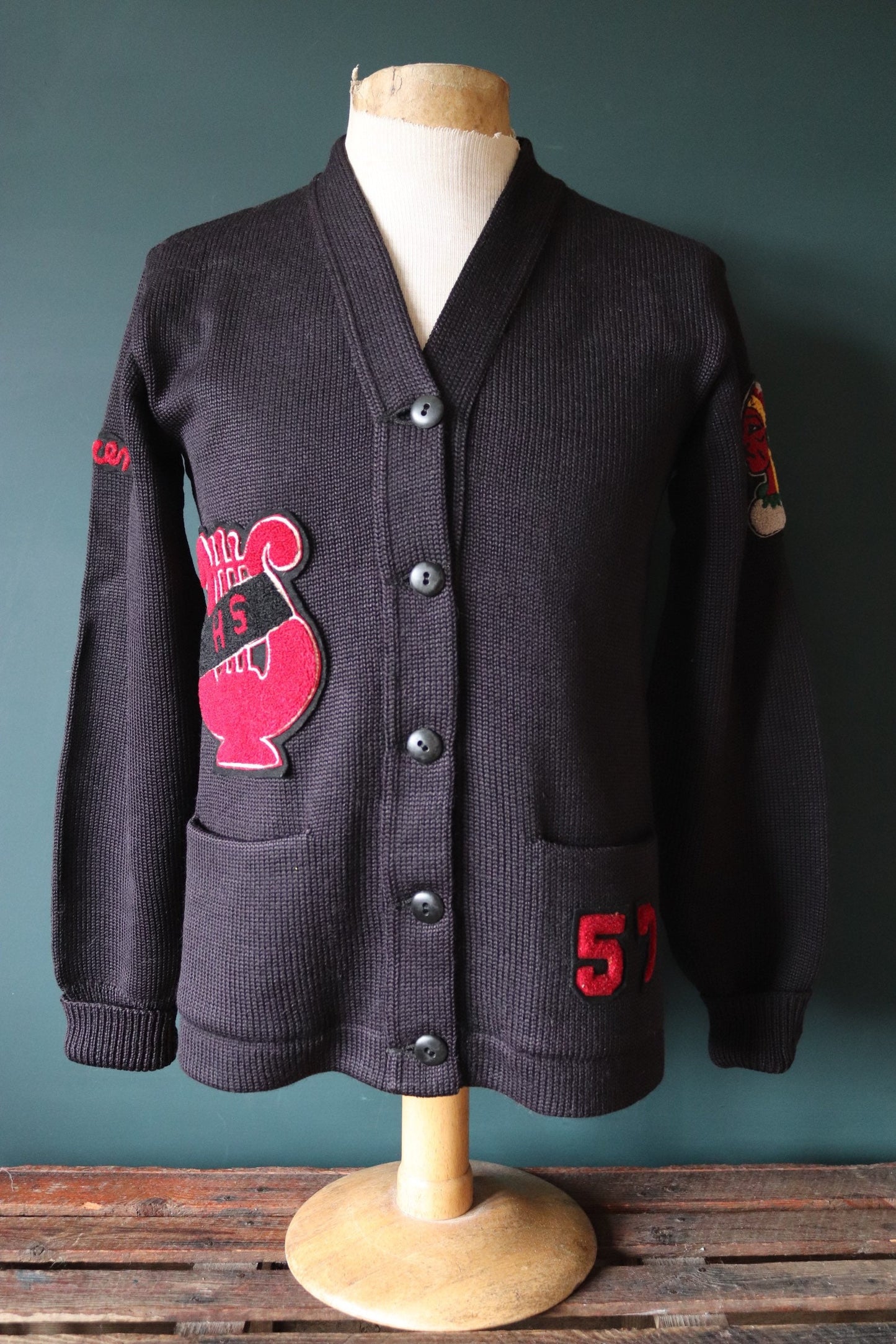 Vintage varsity sweater 1950s 50s American USA black wool knitted Ivy League style rockabilly mod patch jumper cardigan knitwear 38” chest