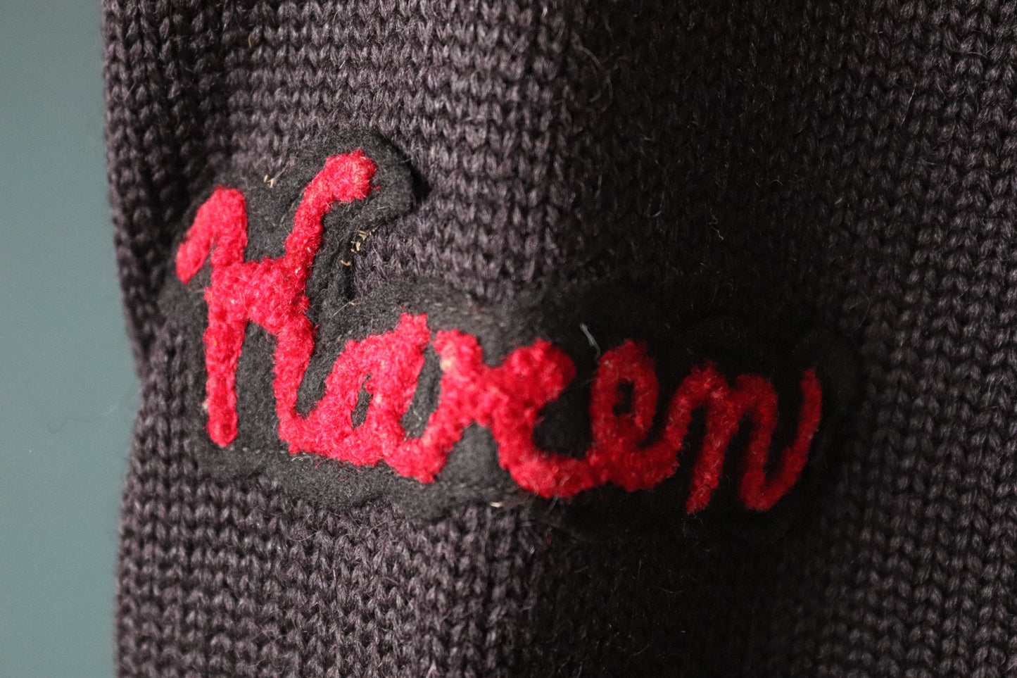 Vintage varsity sweater 1950s 50s American USA black wool knitted Ivy League style rockabilly mod patch jumper cardigan knitwear 38” chest