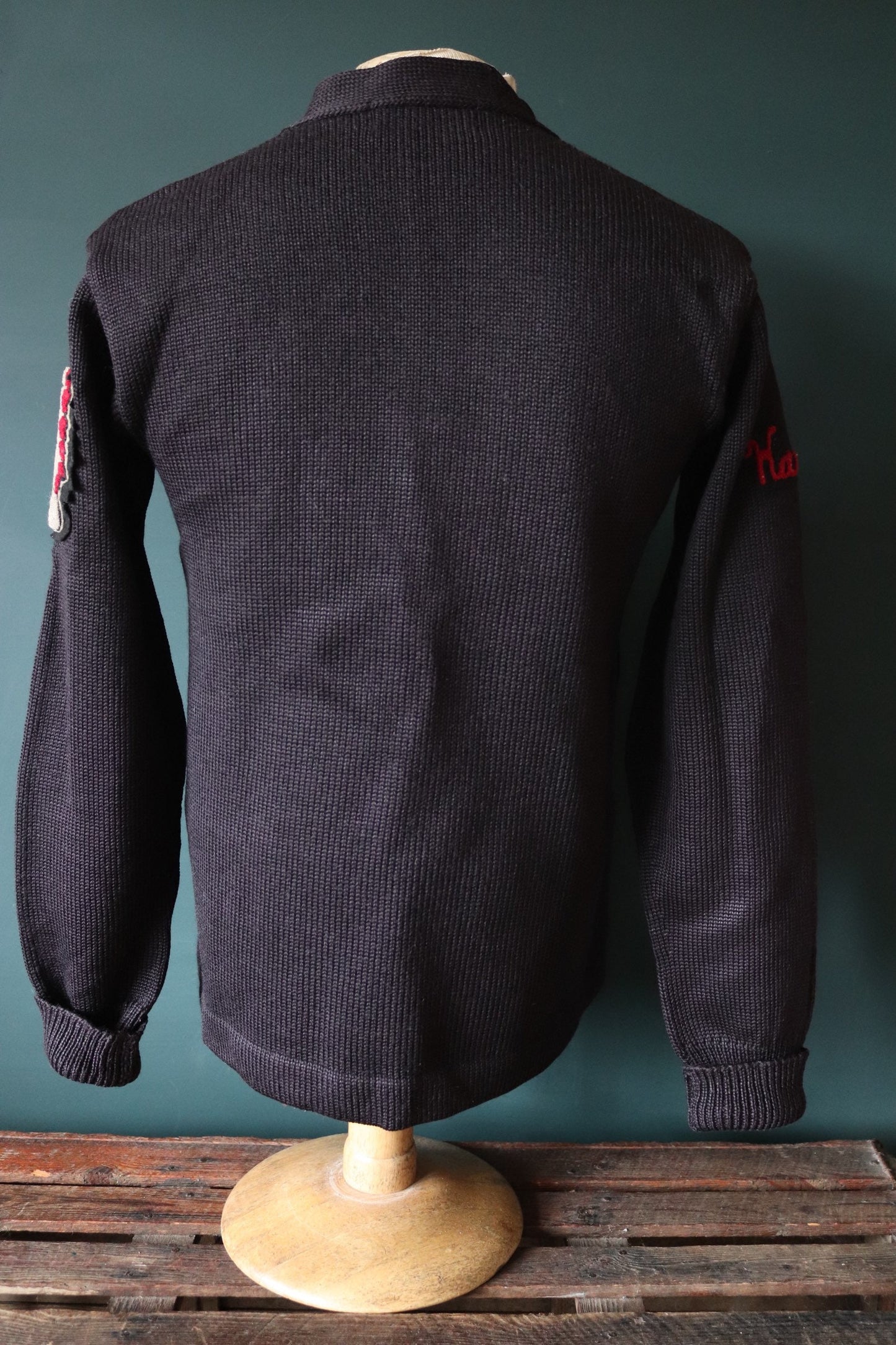 Vintage varsity sweater 1950s 50s American USA black wool knitted Ivy League style rockabilly mod patch jumper cardigan knitwear 38” chest