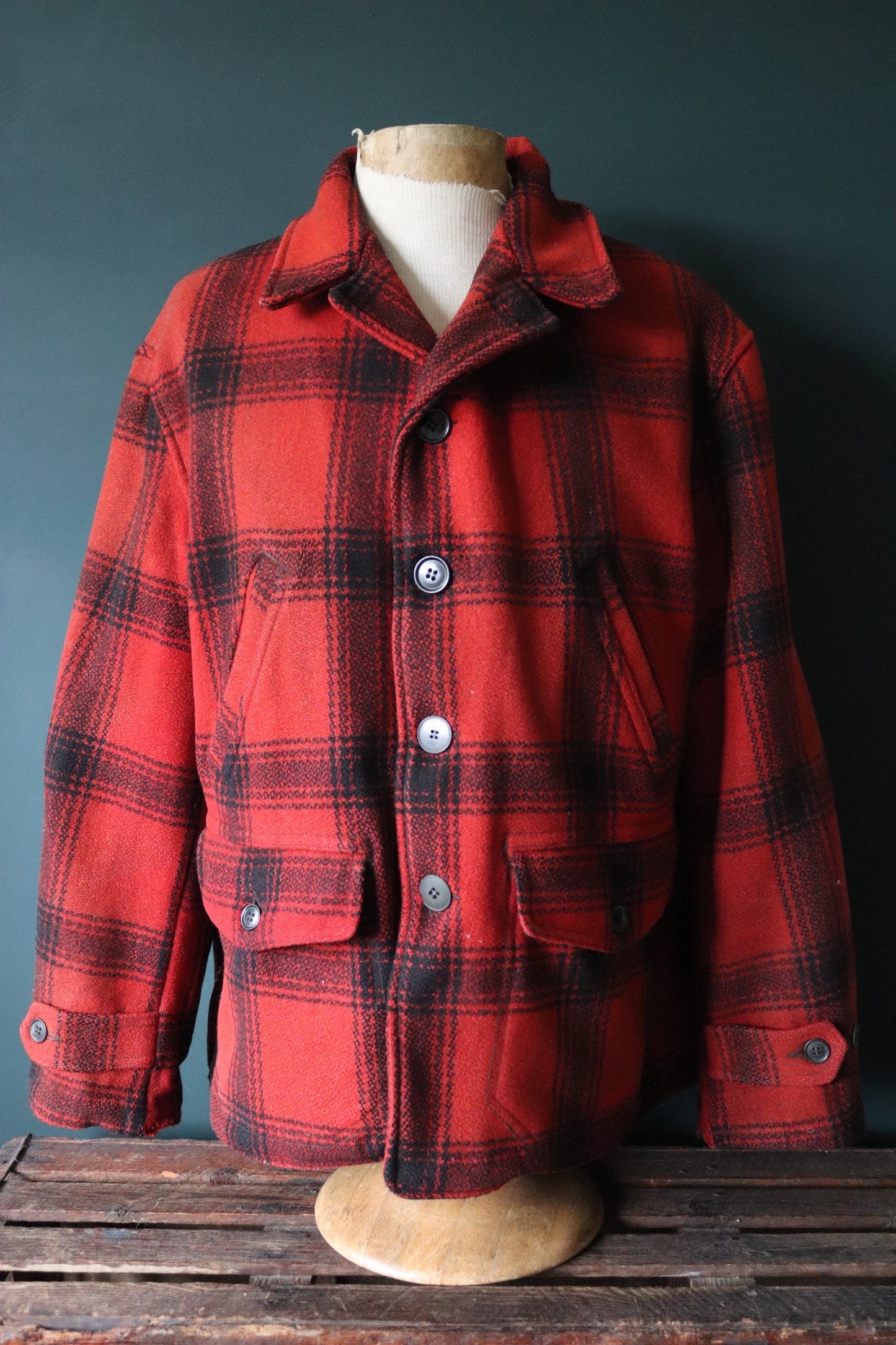 Vintage 1960s 60s red black buffalo plaid checked wool jacket mackinaw hunting workwear work chore 50” chest faded