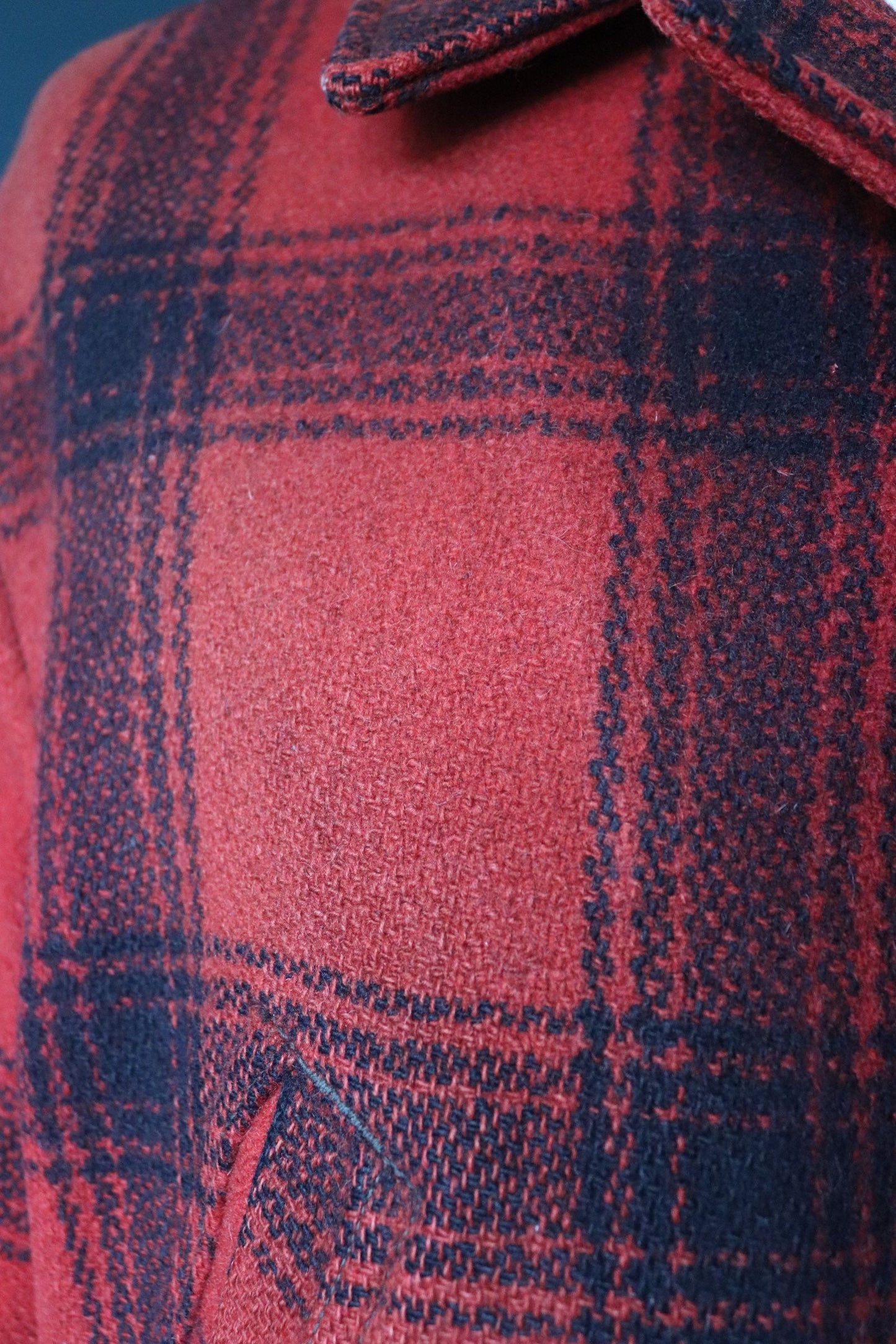 Vintage 1960s 60s red black buffalo plaid checked wool jacket mackinaw hunting workwear work chore 50” chest faded