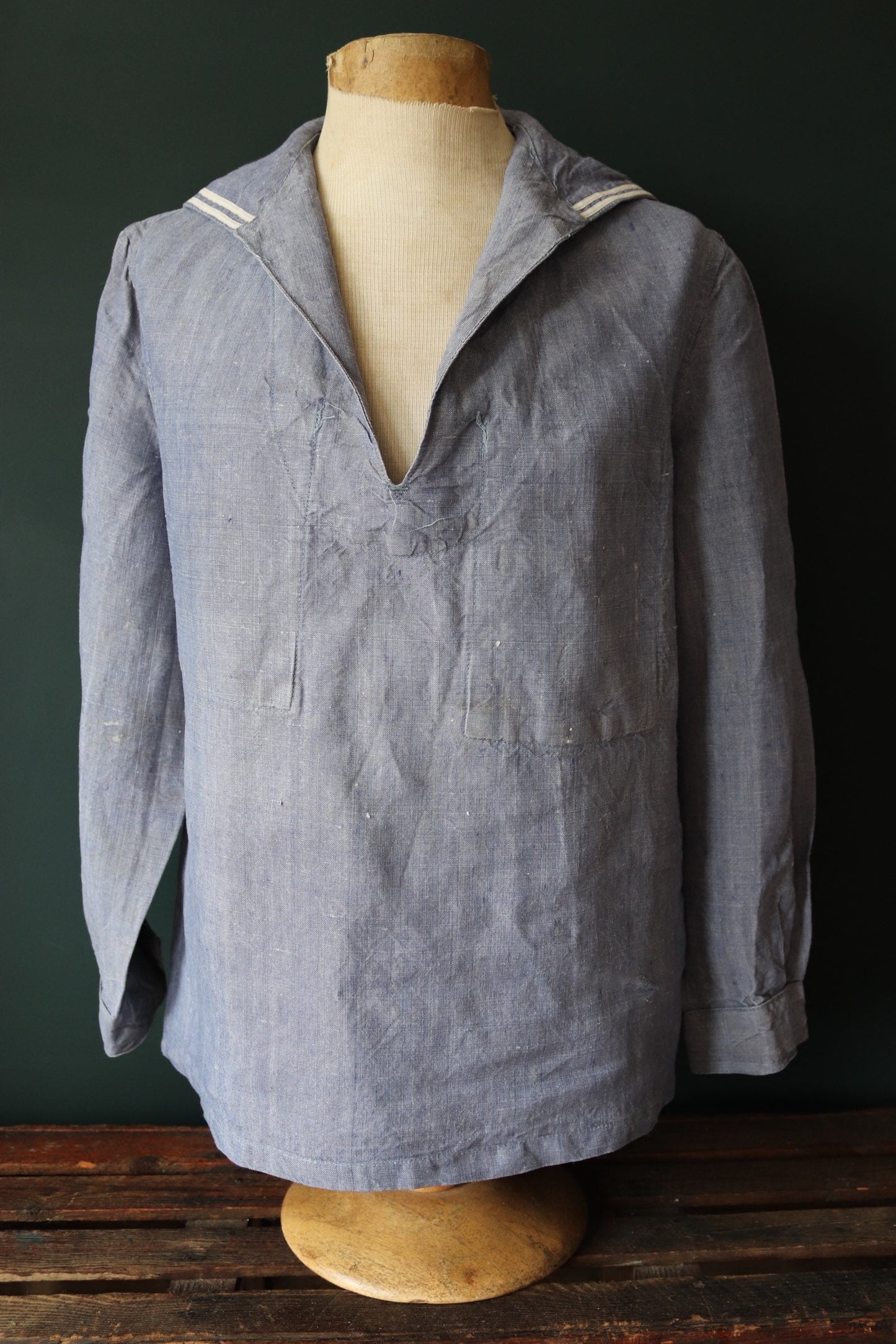 Vintage French linen shirt Marine Nationale Navy 1960s naval crackerjack bib top jumper indigo 43” chest military workwear work sailor