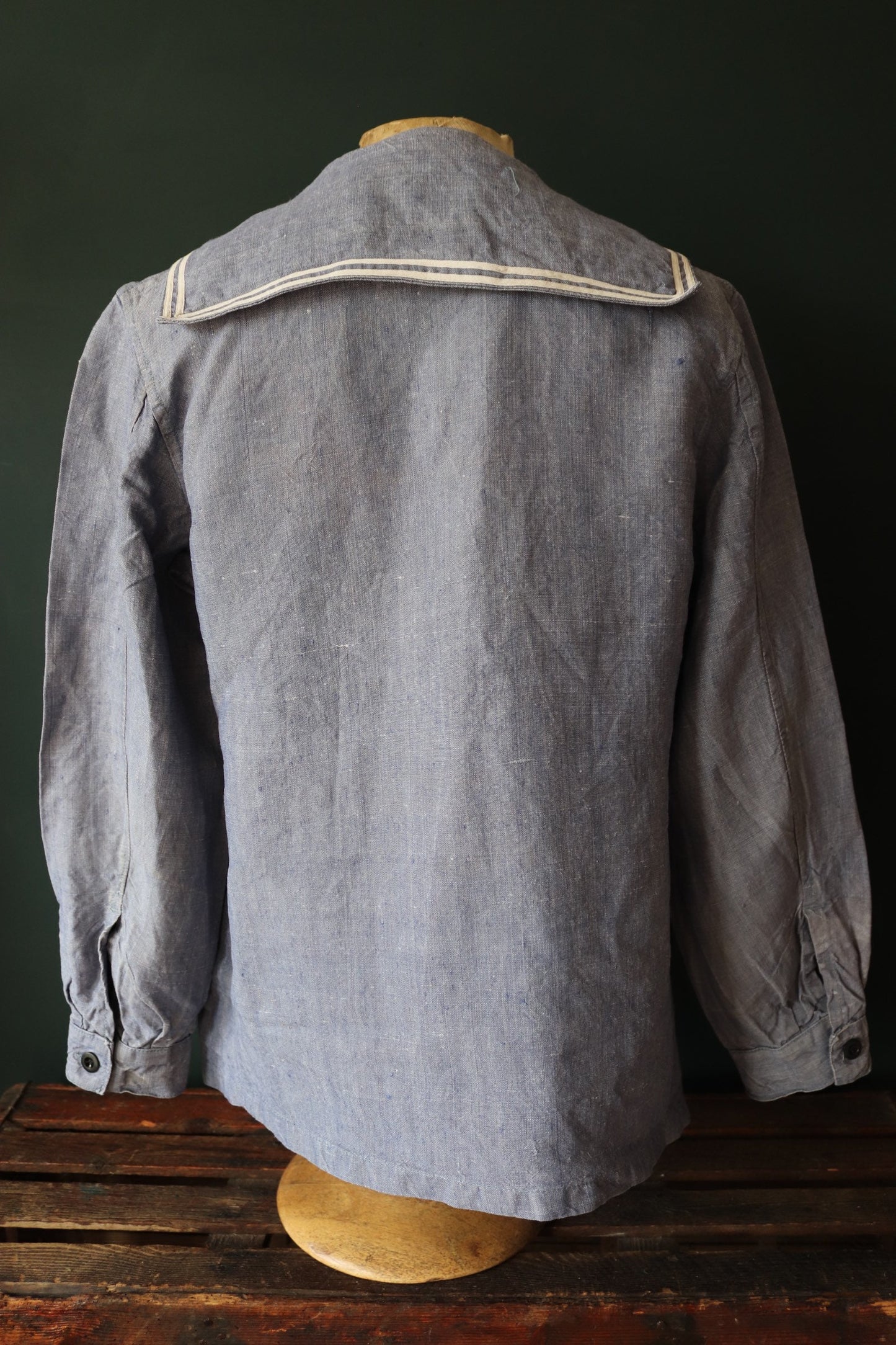 Vintage French linen shirt Marine Nationale Navy 1960s naval crackerjack bib top jumper indigo 43” chest military workwear work sailor