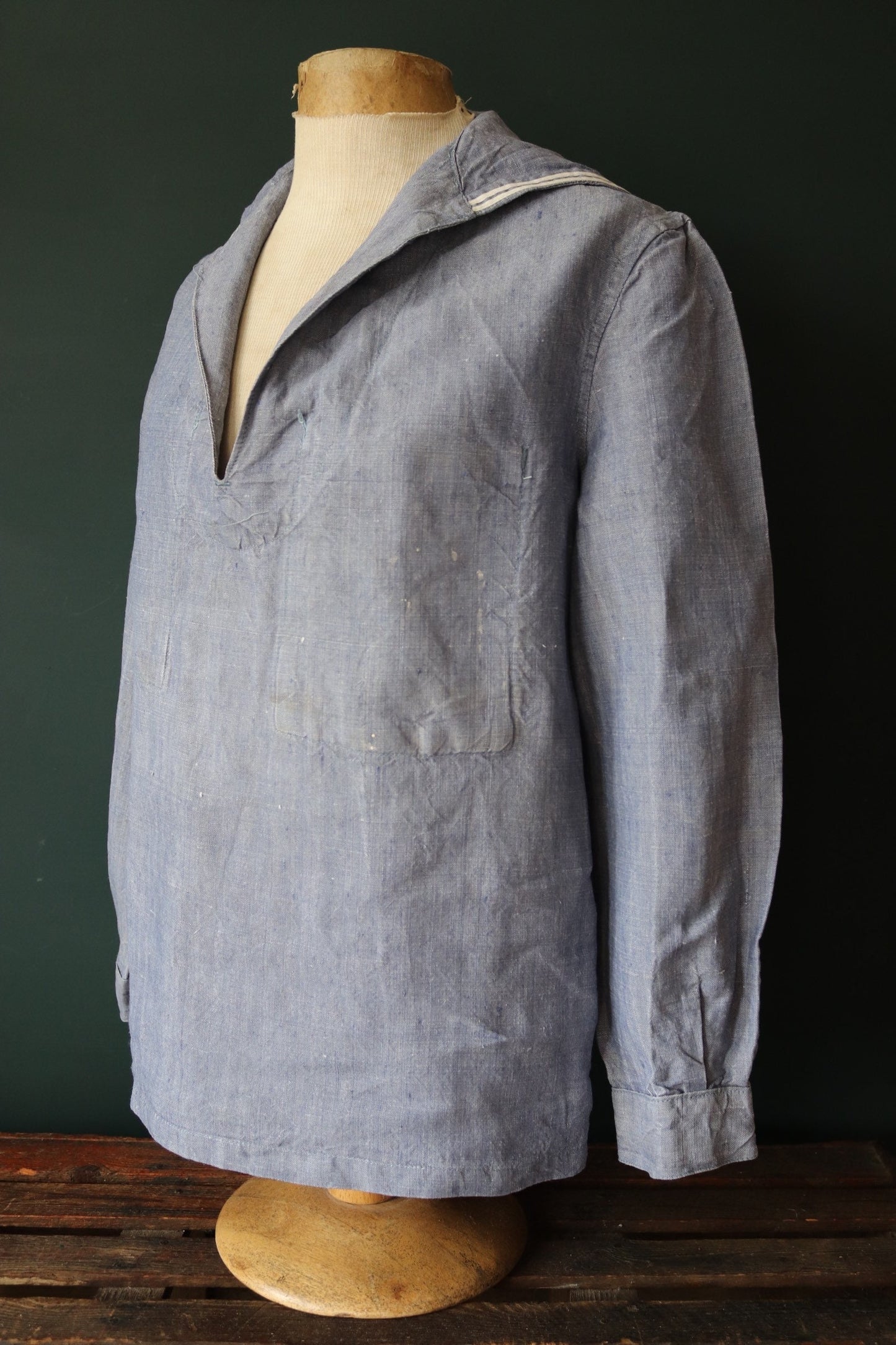 Vintage French linen shirt Marine Nationale Navy 1960s naval crackerjack bib top jumper indigo 43” chest military workwear work sailor