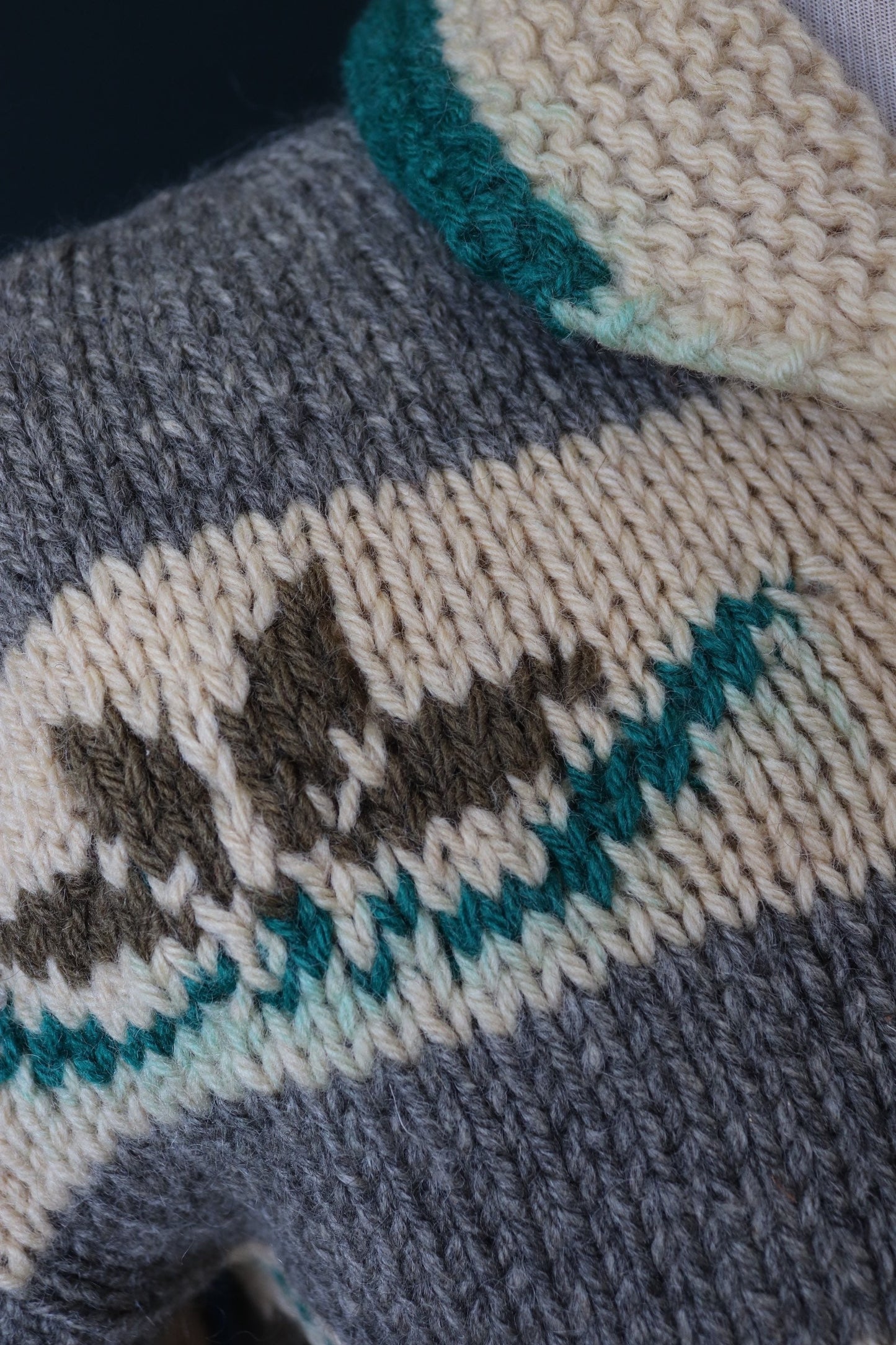 Vintage 1960s hand knitted wool cowichan sweater cardigan jumper knit snowflake cream grey green shawl collar 42” chest
